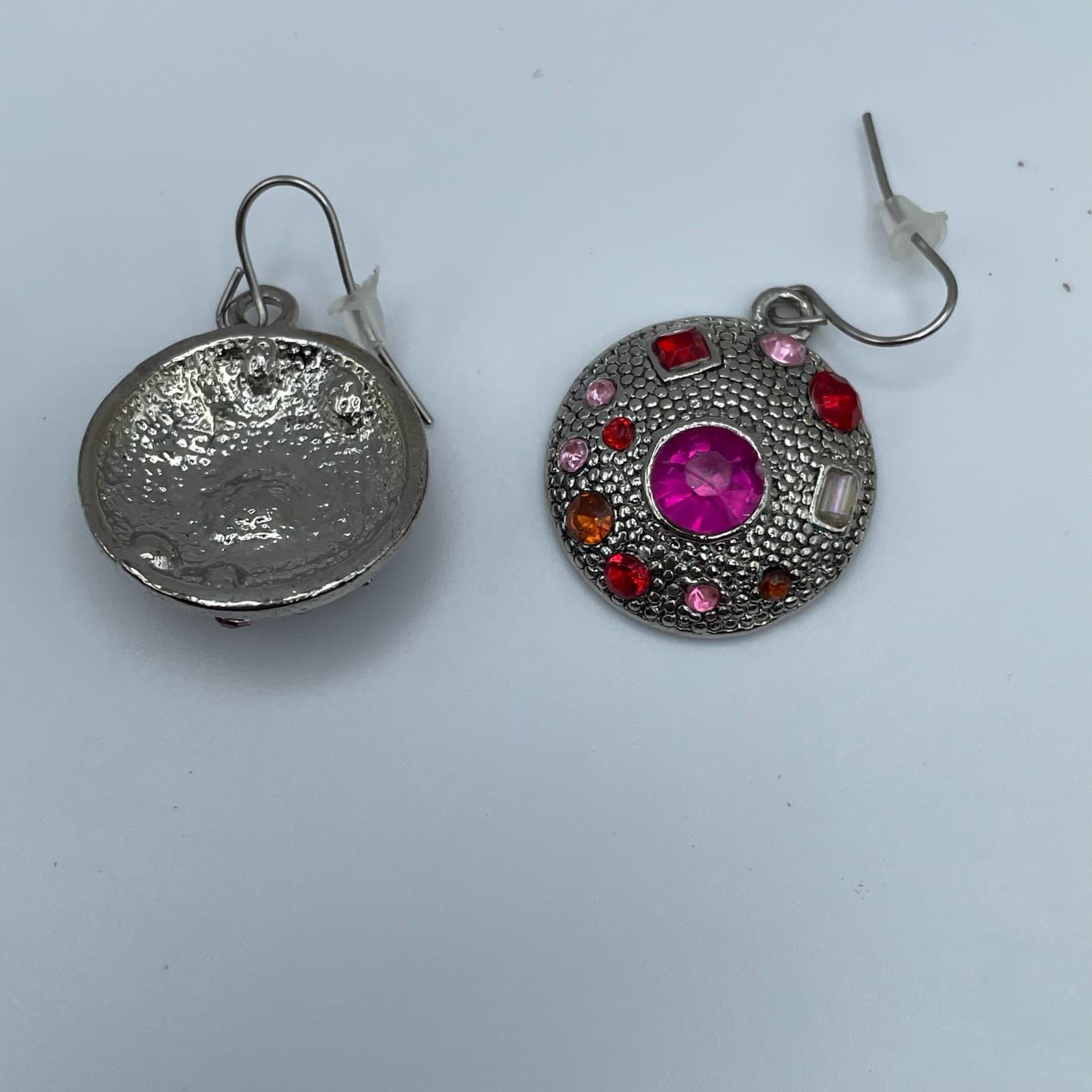 Vintage 90s Baby Boo Pink & Red Glass Silver Tone Round Dangle Earrings Fashion - Thumbnail 2
