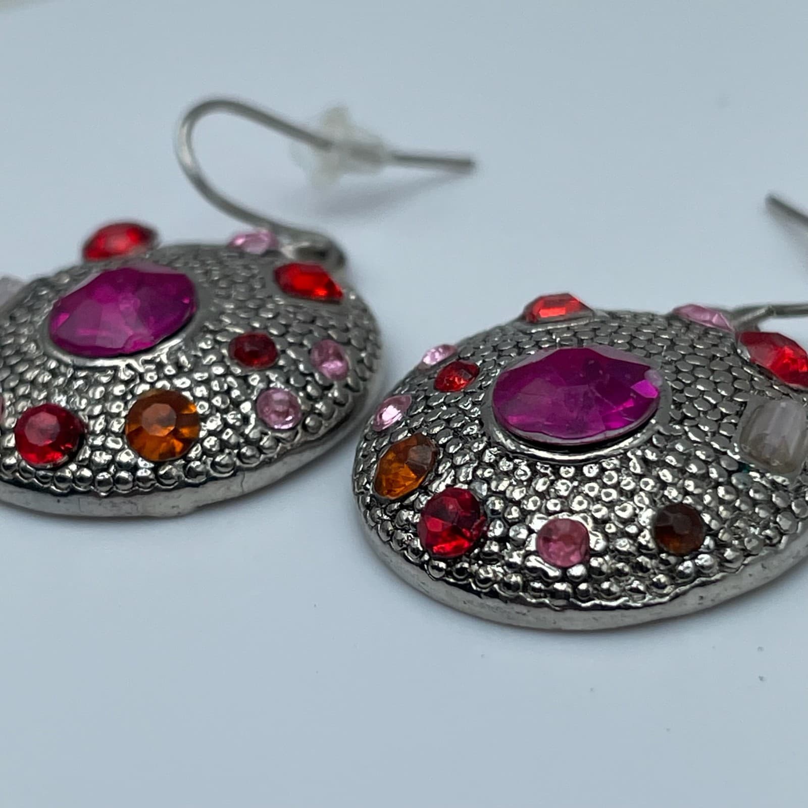 Vintage 90s Baby Boo Pink & Red Glass Silver Tone Round Dangle Earrings Fashion - Thumbnail 6