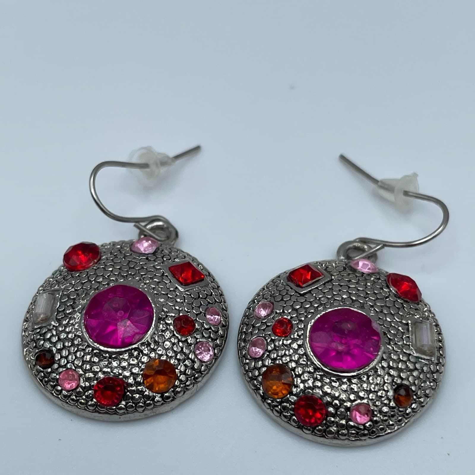 Vintage 90s Baby Boo Pink & Red Glass Silver Tone Round Dangle Earrings Fashion - Thumbnail 3