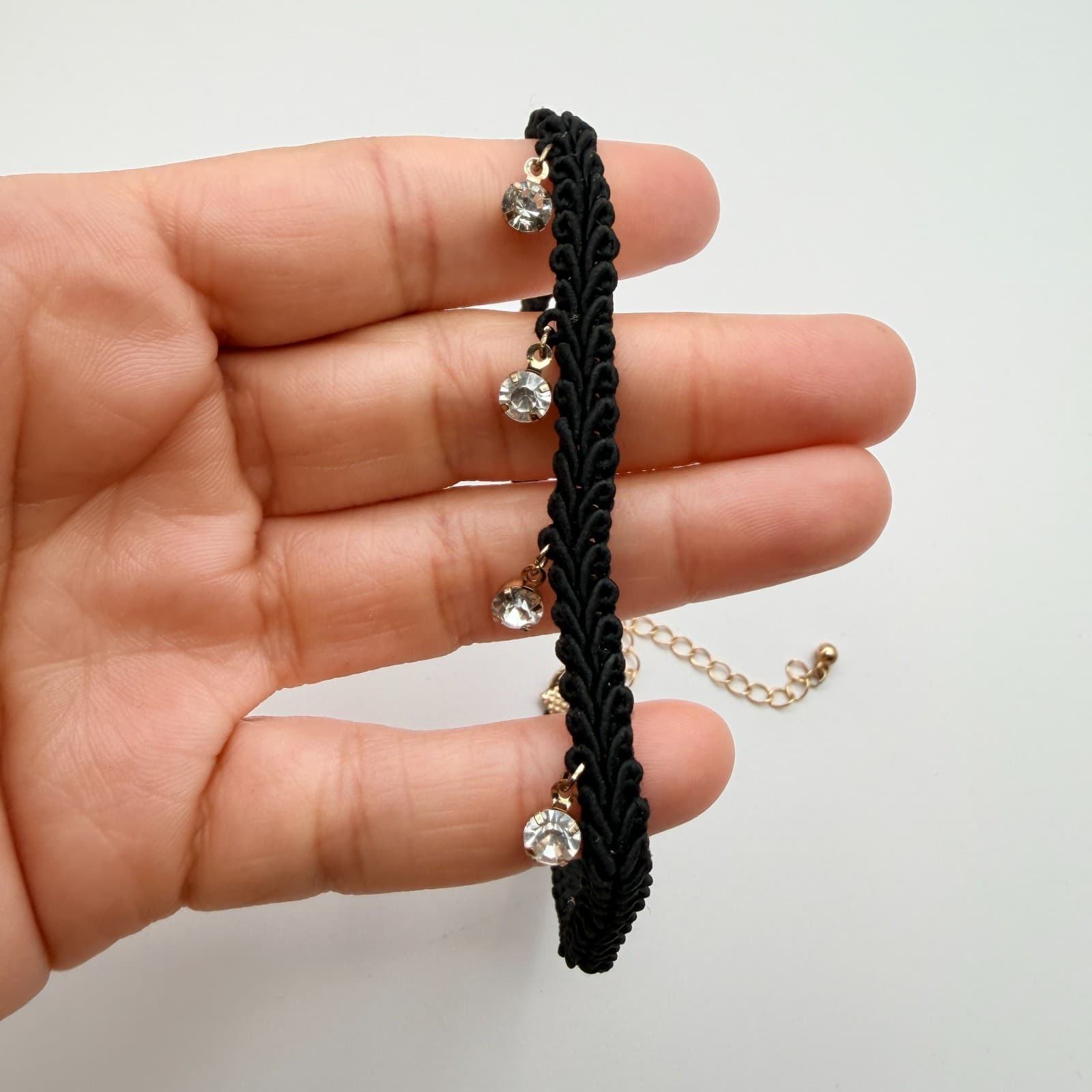 Vintage 90s Black Braided Cord Choker Necklace Gold Tone Glass Charms Jewelry - Thumbnail 8