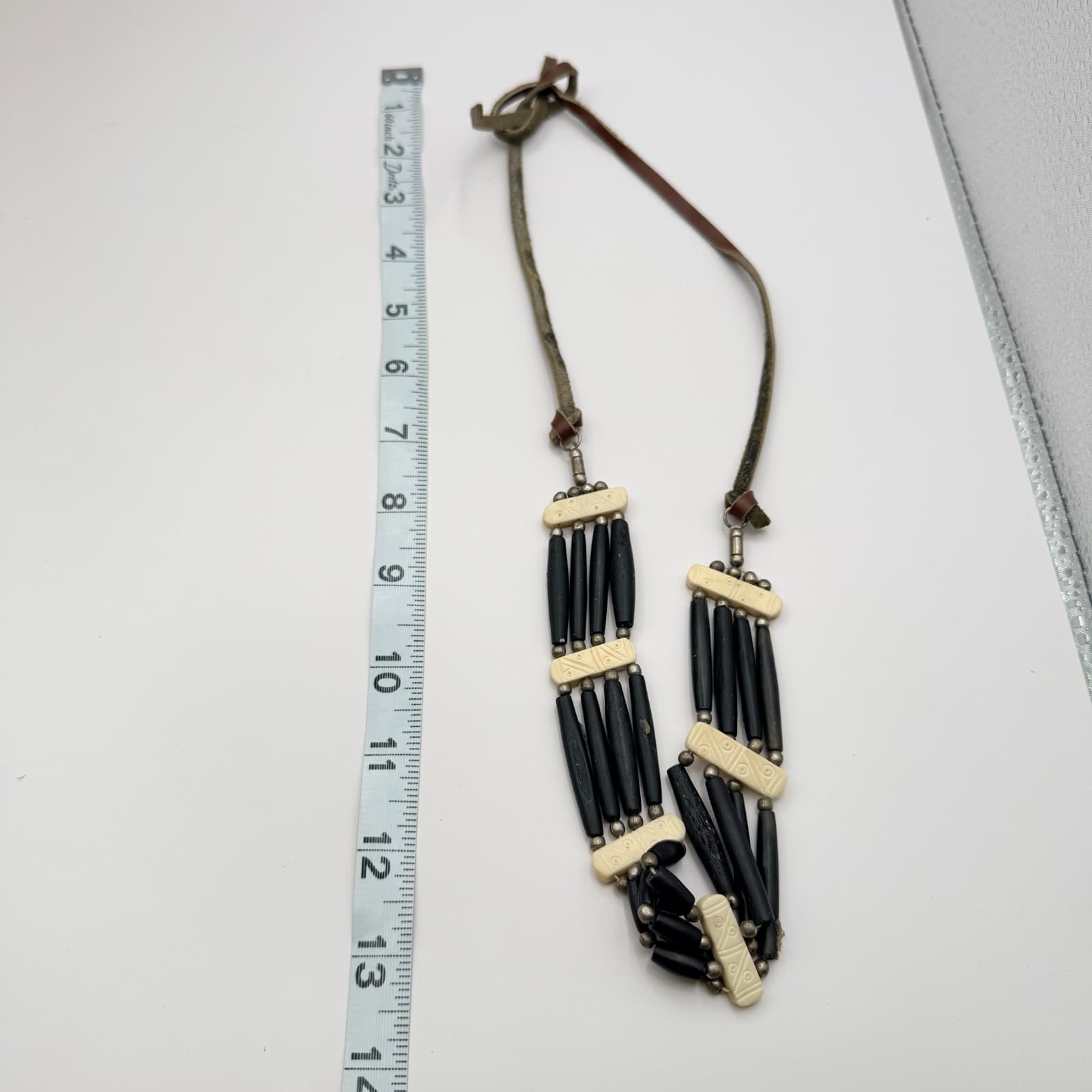 Vintage 90s Tribal Statement Necklace Wood Glass Beads Leather Cord Boho Jewelry - Thumbnail 8