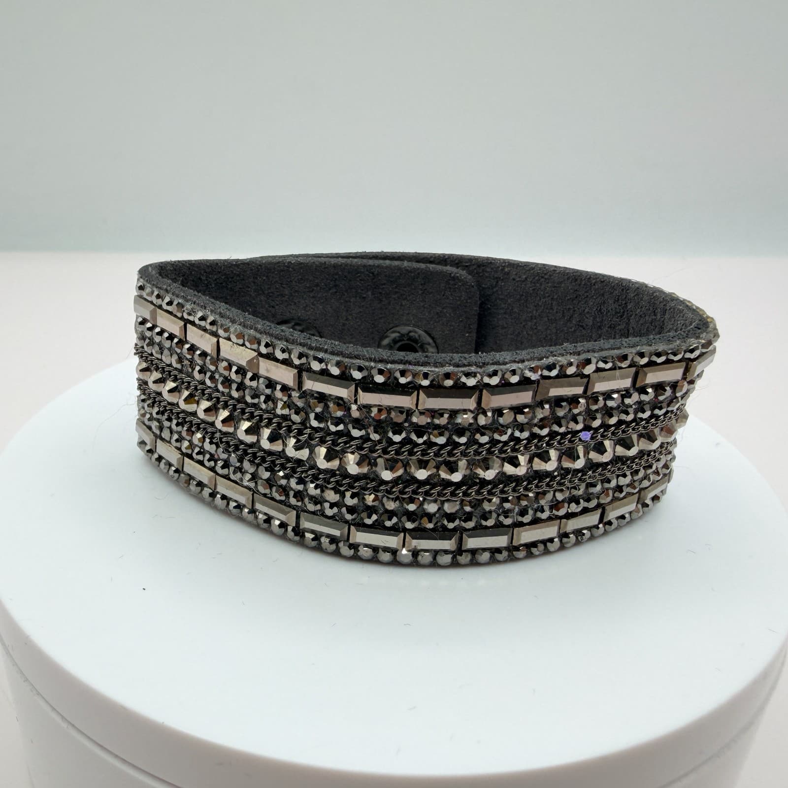 Vintage 90s Gray Suede Cuff Bracelet Hematite Tone Glass Glam Punk Jewelry - Image 1