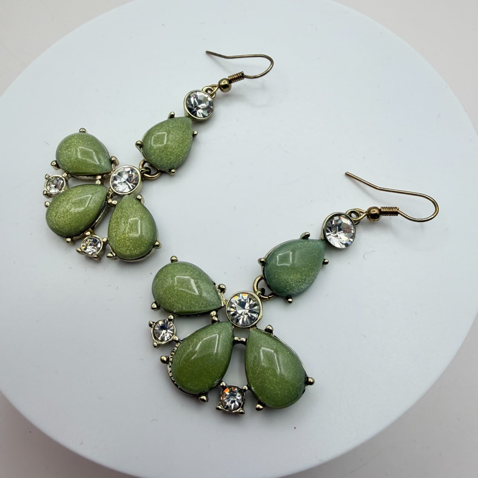 Vintage 90s Gold Tone Green Teardrop Dangle Earrings Women's Classic Jewelry - Thumbnail 6