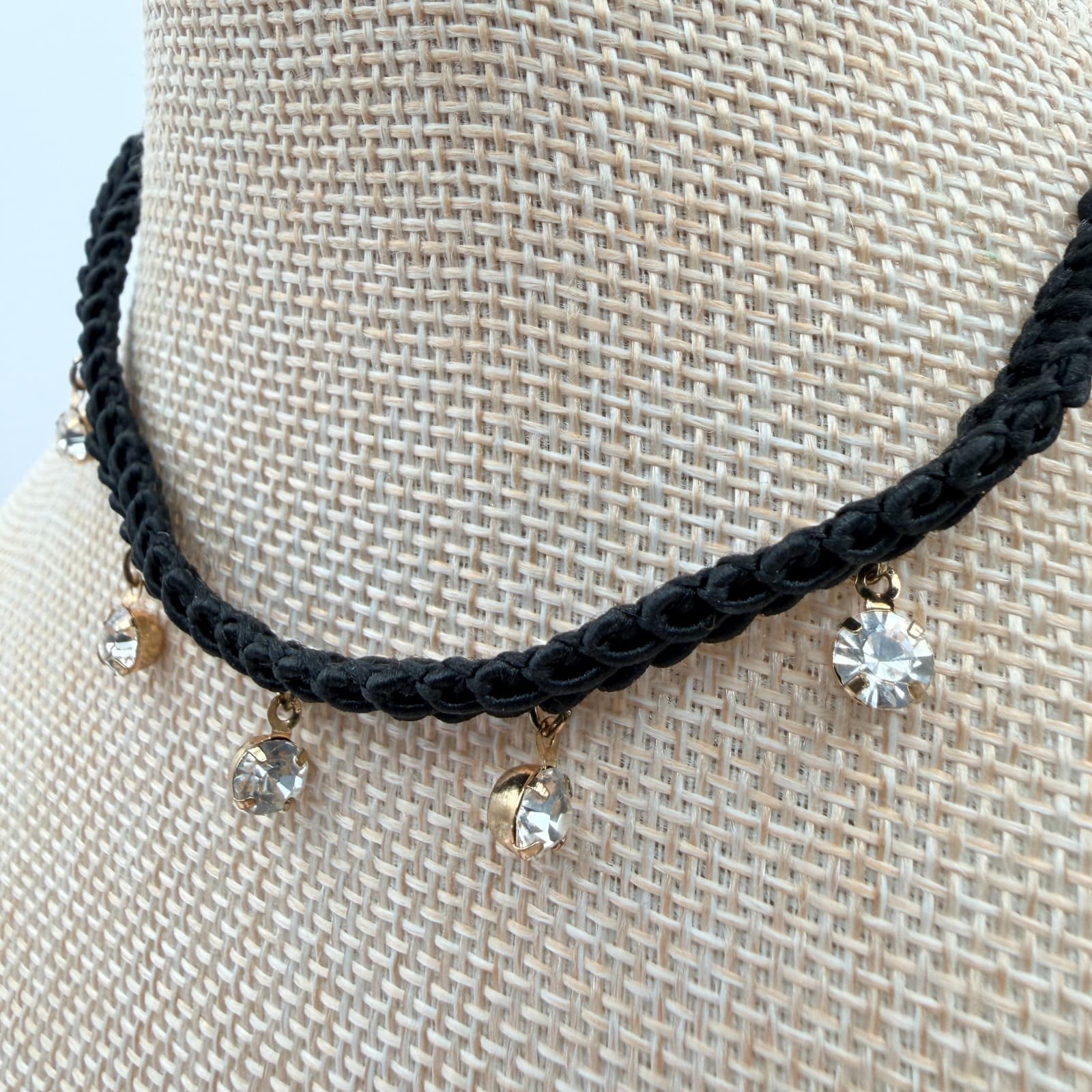 Vintage 90s Black Braided Cord Choker Necklace Gold Tone Glass Charms Jewelry - Thumbnail 5