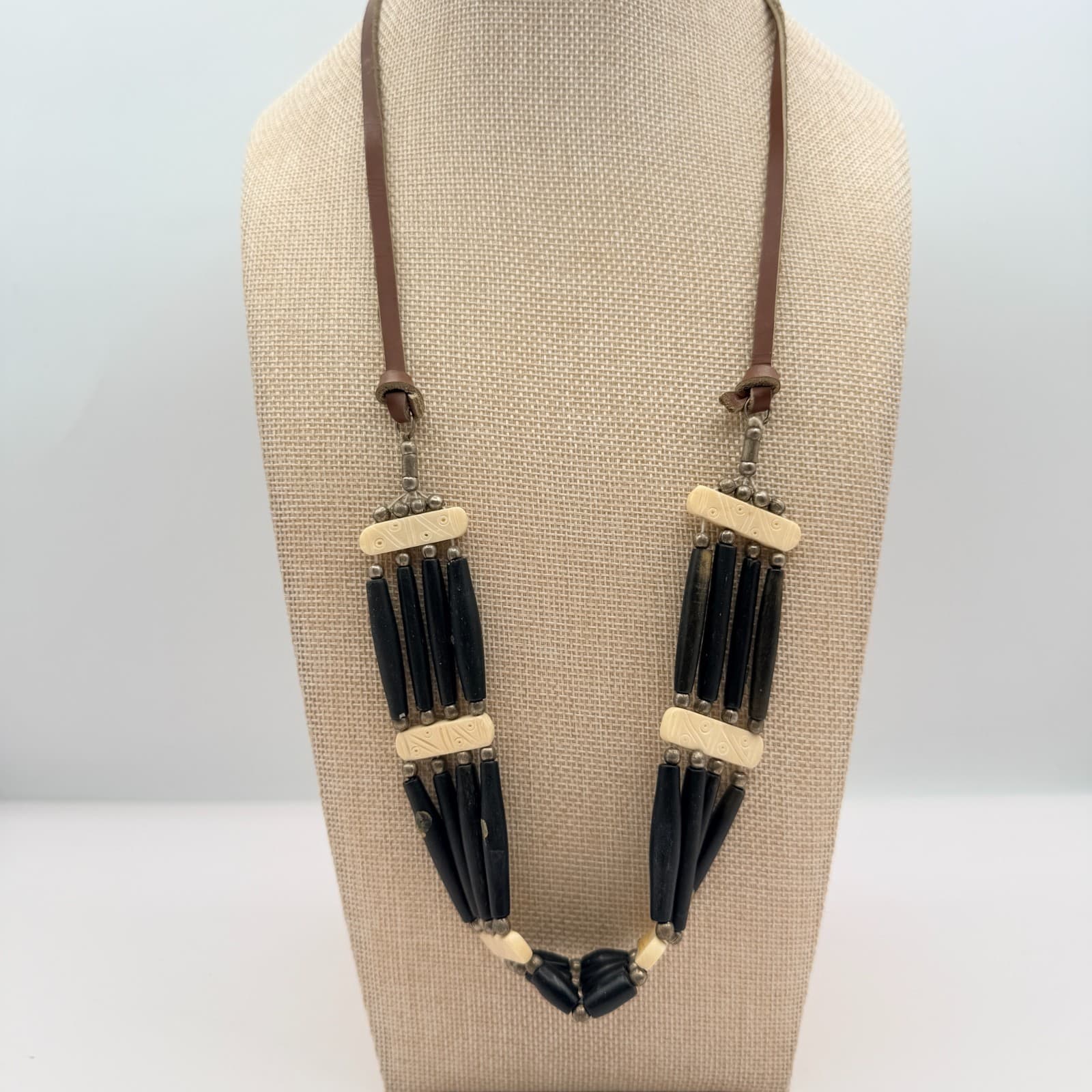 Vintage 90s Tribal Statement Necklace Wood Glass Beads Leather Cord Boho Jewelry - Thumbnail 2