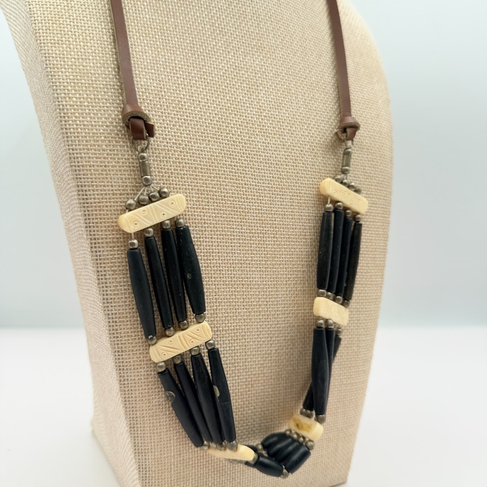Vintage 90s Tribal Statement Necklace Wood Glass Beads Leather Cord Boho Jewelry - Thumbnail 6