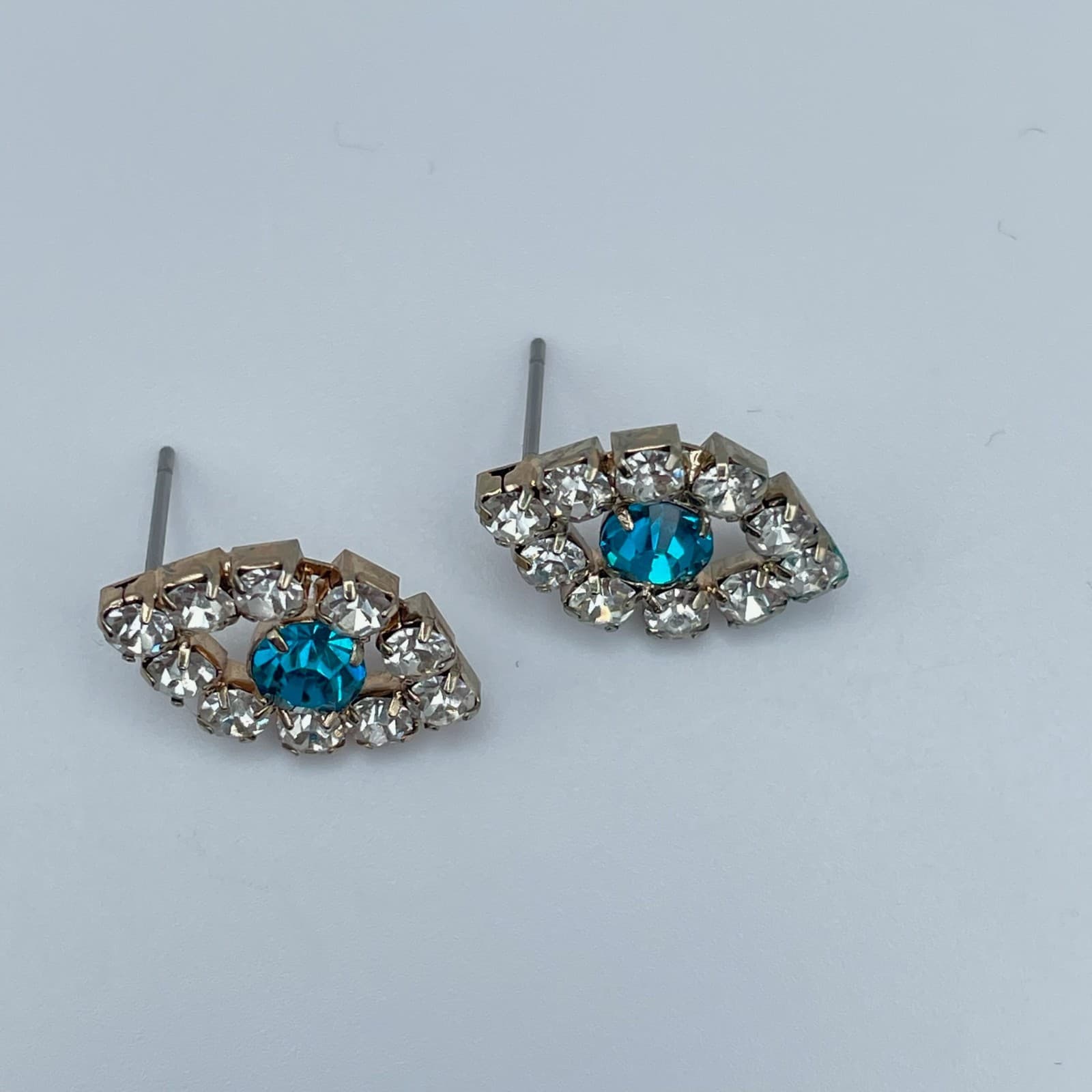 Vintage 80s Evil Eye Stud Earrings Blue Glass Rhinestone Silver Tone Fashion - Thumbnail 4