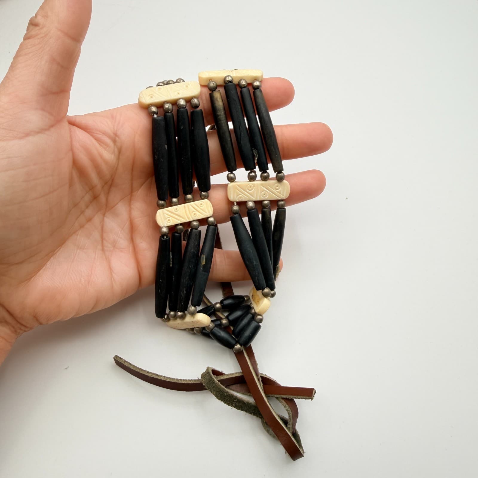 Vintage 90s Tribal Statement Necklace Wood Glass Beads Leather Cord Boho Jewelry - Thumbnail 7