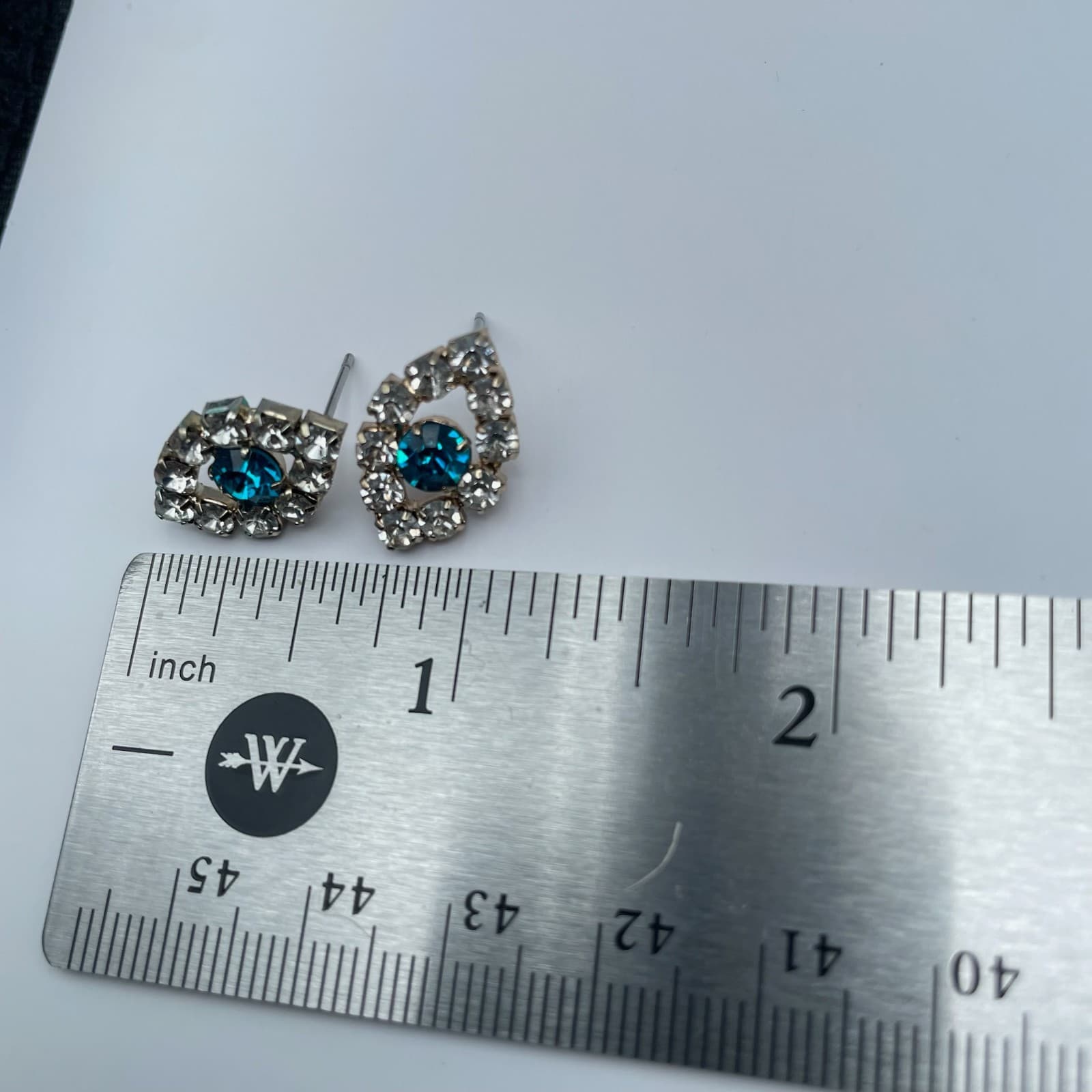 Vintage 80s Evil Eye Stud Earrings Blue Glass Rhinestone Silver Tone Fashion - Thumbnail 10