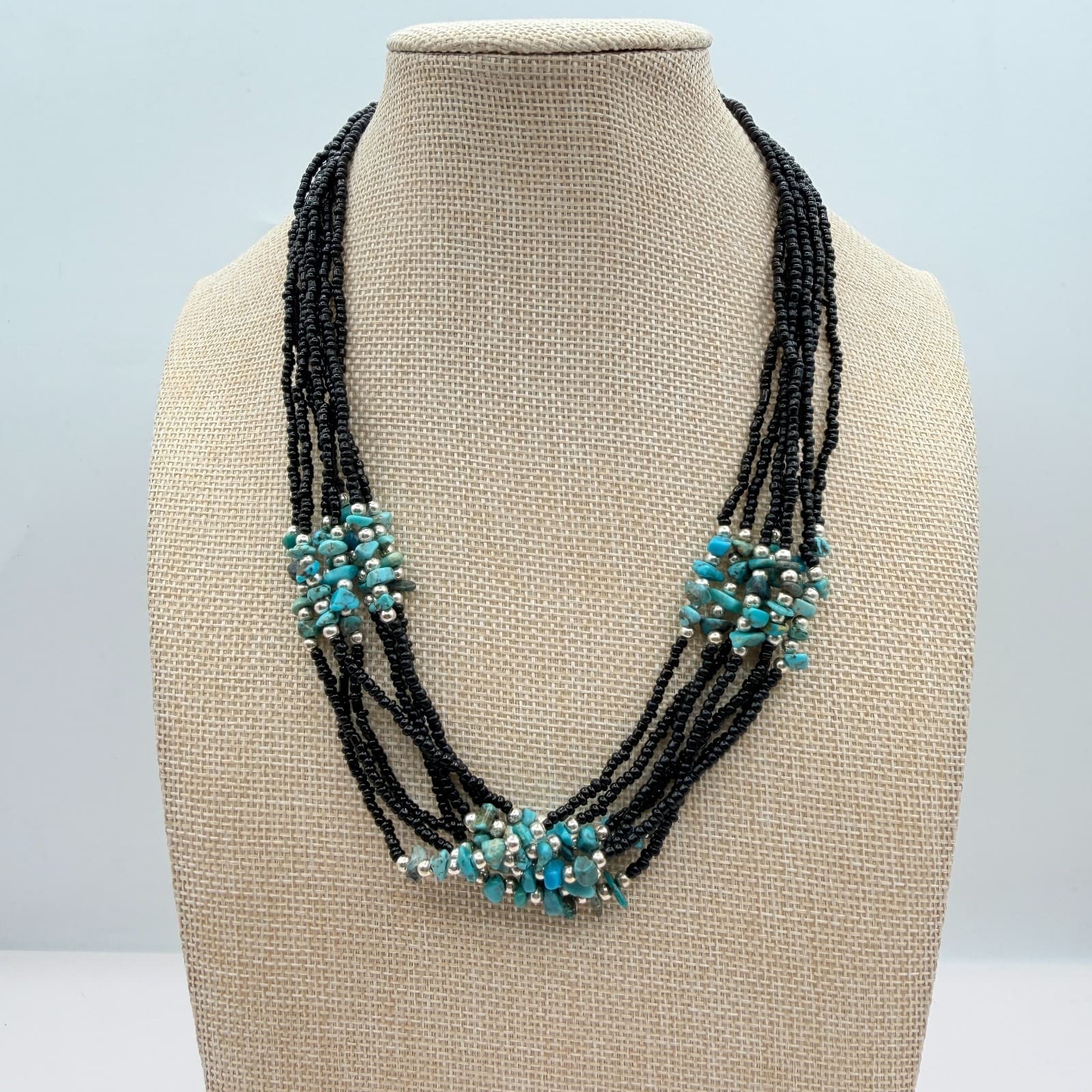 Vintage 90s Multi Strand Turquoise Black Glass Seed Bead Statement Necklace Boho - Thumbnail 6