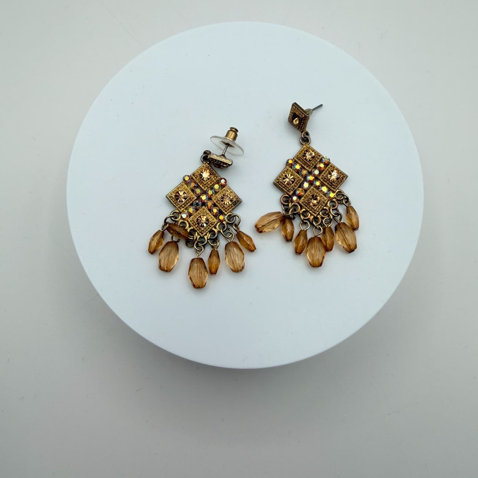 Vintage 90s Gold Tone Amber Glass Chandelier Earrings Boho Geometric Dangle - Thumbnail 2