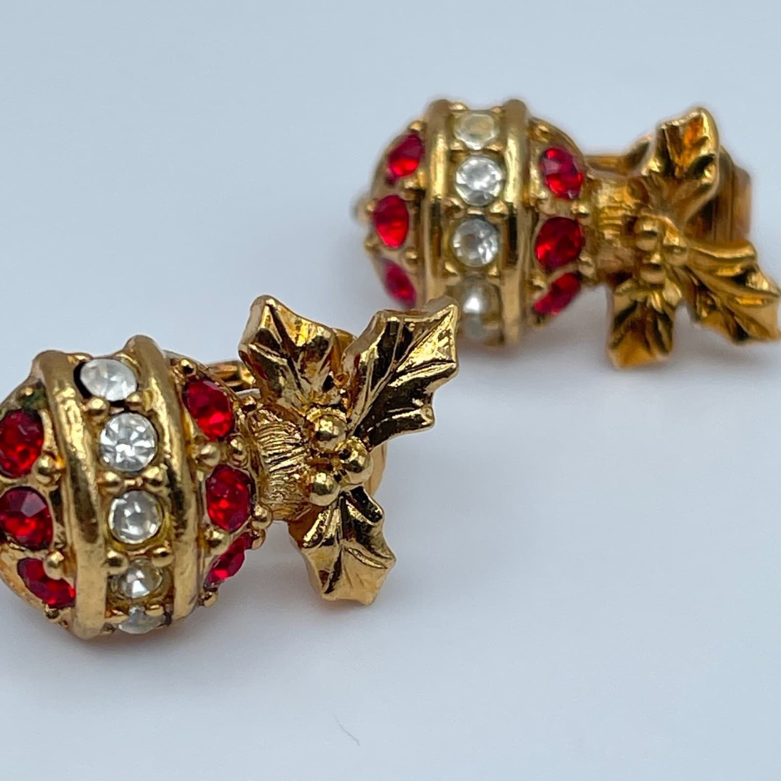 Vintage 90s Christmas Ornament Clip On Earrings Gold Tone Rhinestone Jewelry - Thumbnail 3