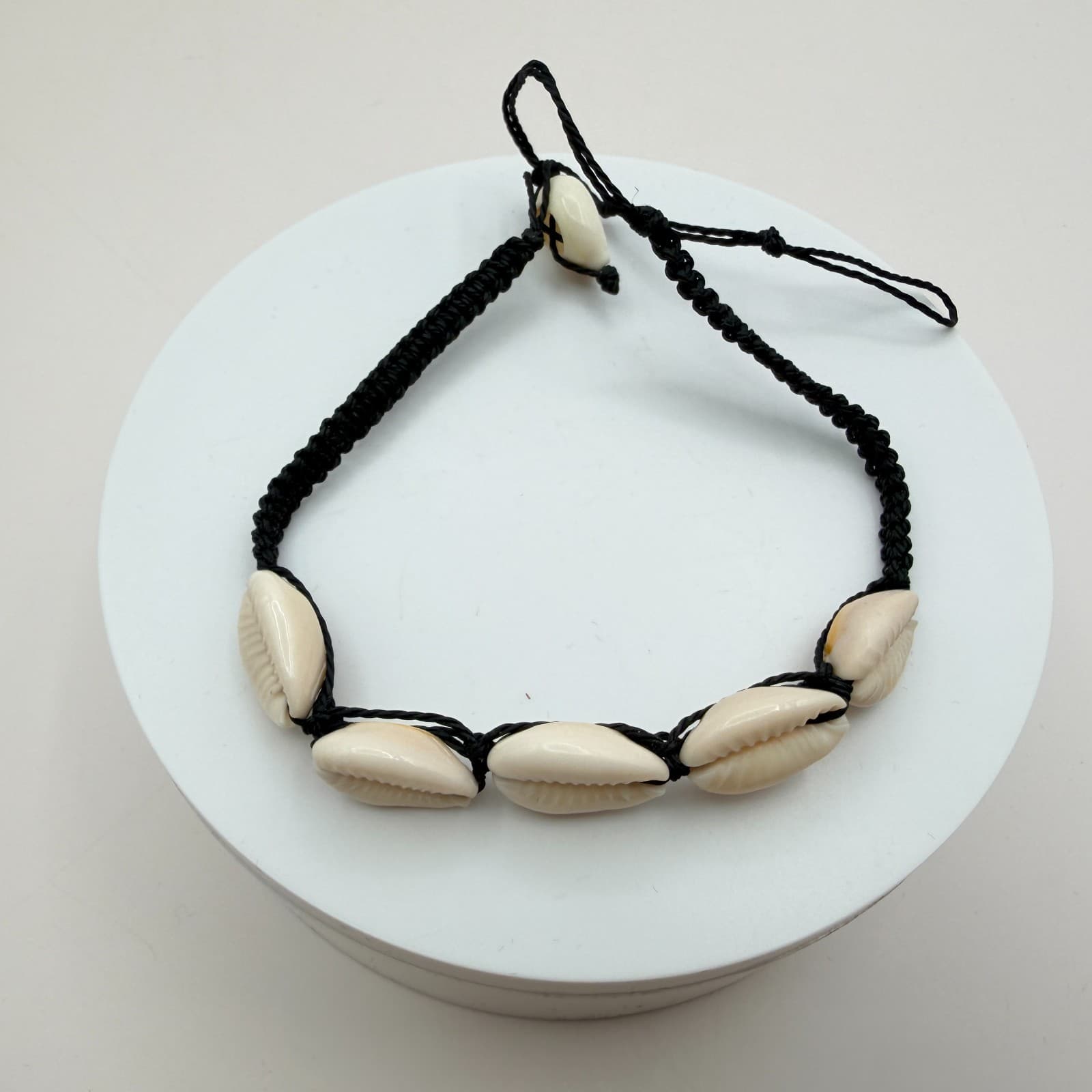 Vintage 90s Cream Cowrie Shell Bracelet Black Macrame Cord Boho Beach Jewelry - Image 1
