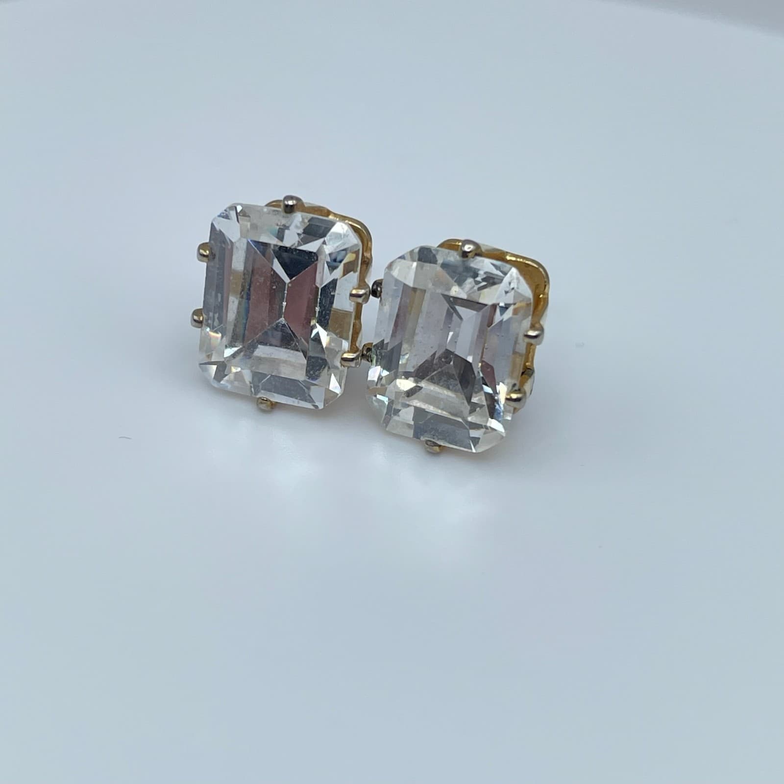 Vintage 90s Gold Plated Escher Cut CZ Stud Earrings Diamond Simulation Jewelry - Thumbnail 2