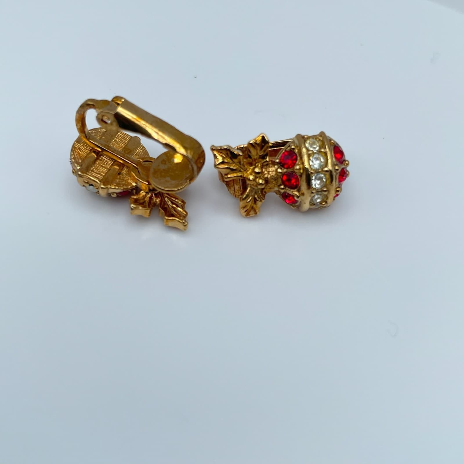 Vintage 90s Christmas Ornament Clip On Earrings Gold Tone Rhinestone Jewelry - Thumbnail 6