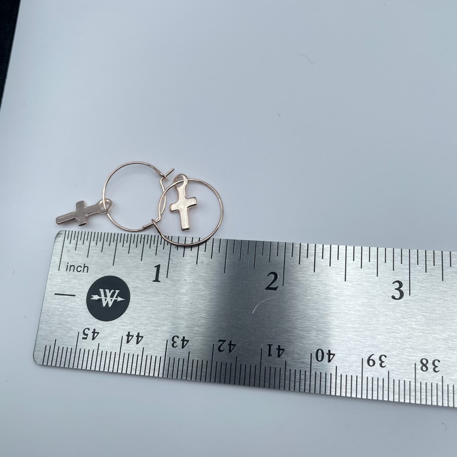 Vintage 90s Rose Gold Tone Cross Charm Hoop Earrings Minimalist Religious Boho - Thumbnail 8