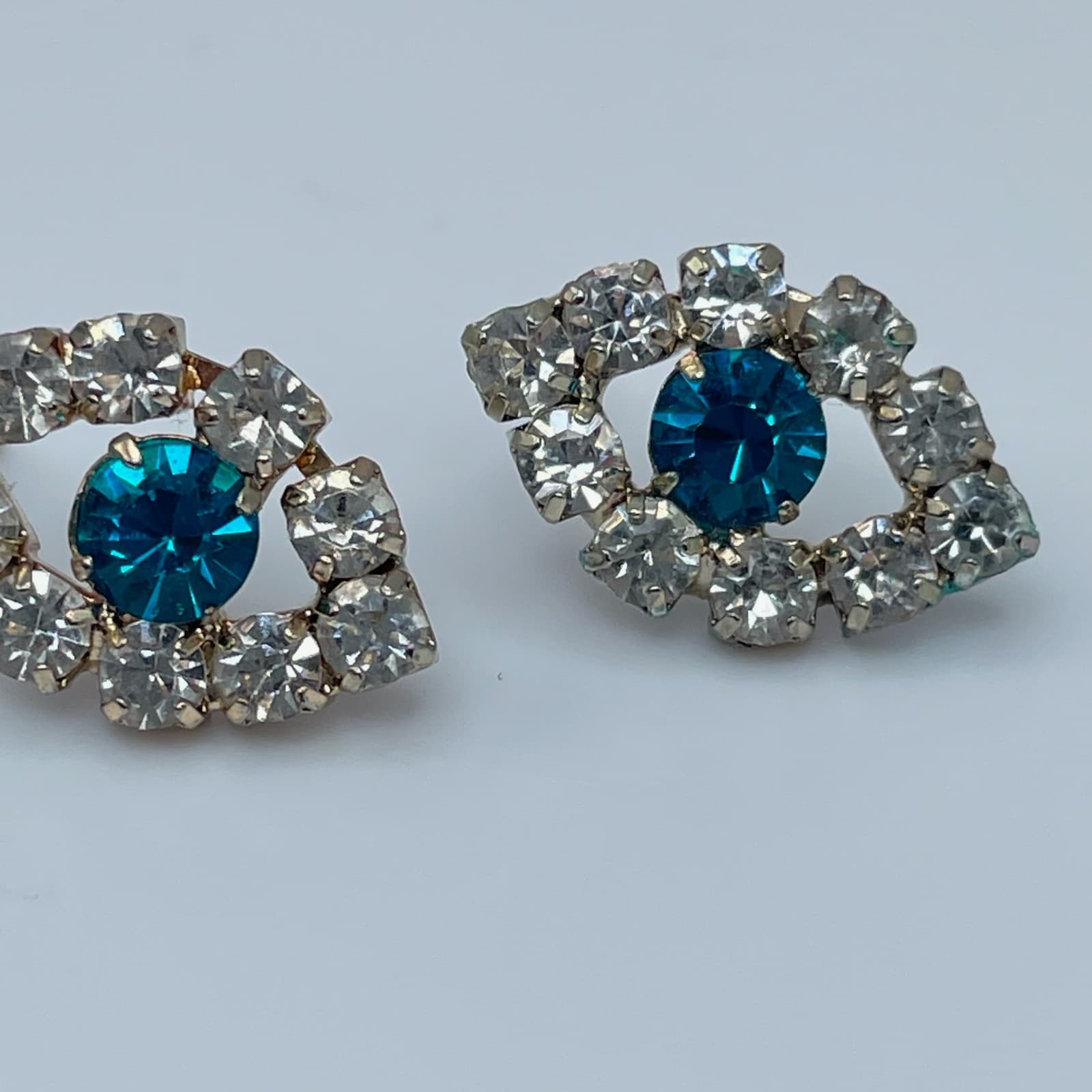 Vintage 80s Evil Eye Stud Earrings Blue Glass Rhinestone Silver Tone Fashion - Thumbnail 5