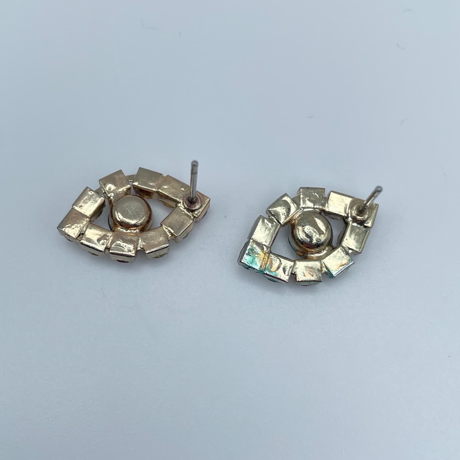 Vintage 80s Evil Eye Stud Earrings Blue Glass Rhinestone Silver Tone Fashion - Thumbnail 3