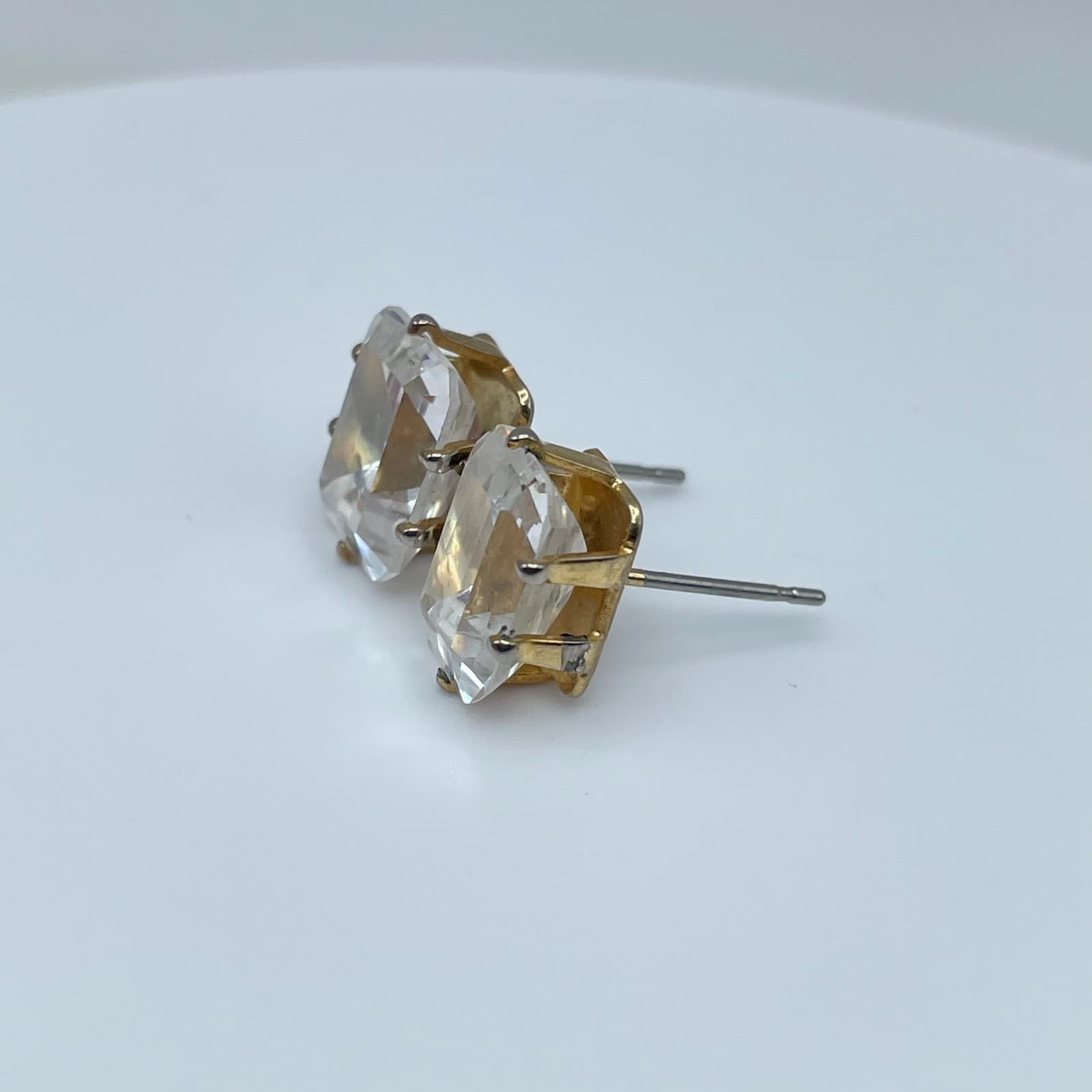 Vintage 90s Gold Plated Escher Cut CZ Stud Earrings Diamond Simulation Jewelry - Thumbnail 3