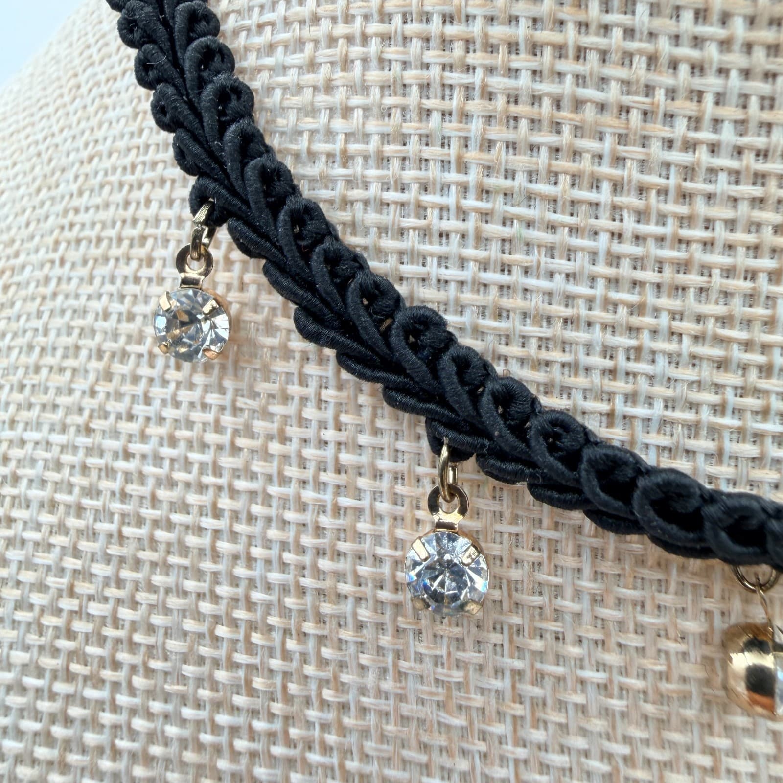 Vintage 90s Black Braided Cord Choker Necklace Gold Tone Glass Charms Jewelry - Thumbnail 2