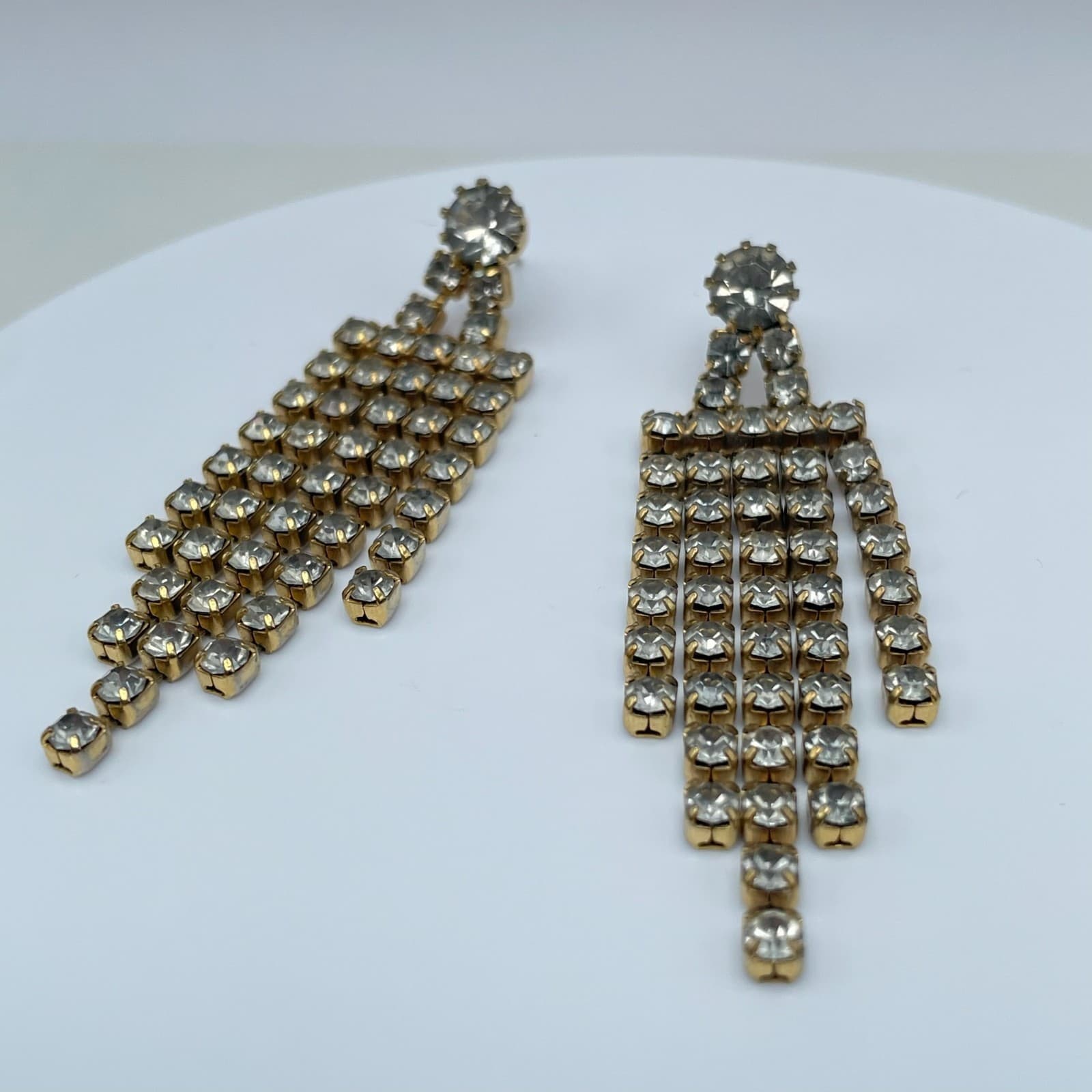 Vintage 80s Gold Tone Clear Rhinestone Dangle Fringe Earrings Statement Formal - Thumbnail 4