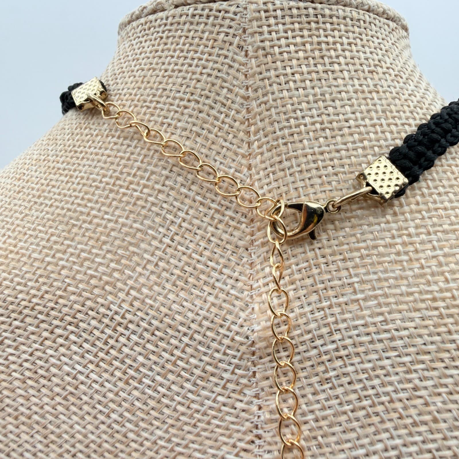 Vintage 90s Black Braided Cord Choker Necklace Gold Tone Glass Charms Jewelry - Thumbnail 7