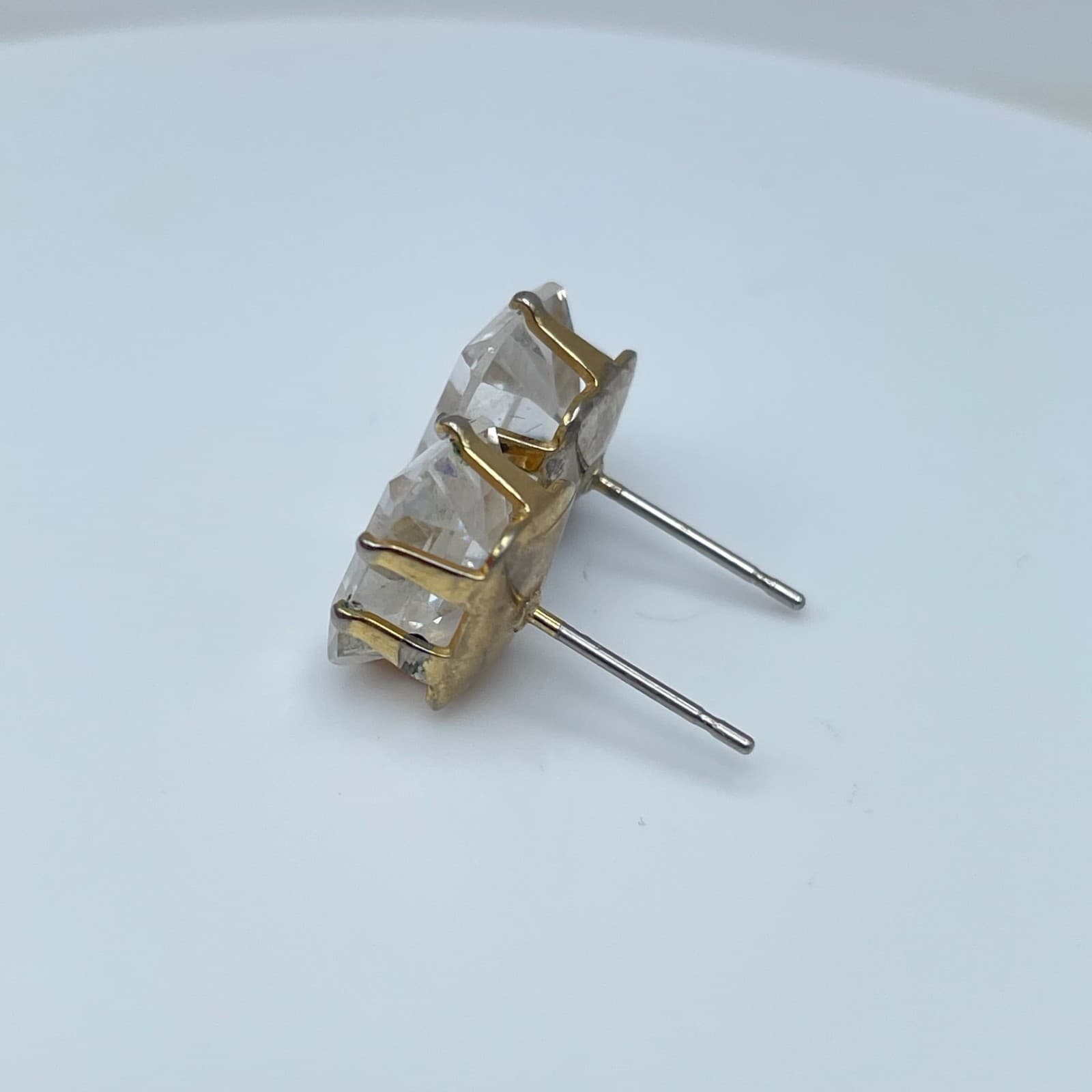 Vintage 90s Gold Plated Escher Cut CZ Stud Earrings Diamond Simulation Jewelry - Thumbnail 4