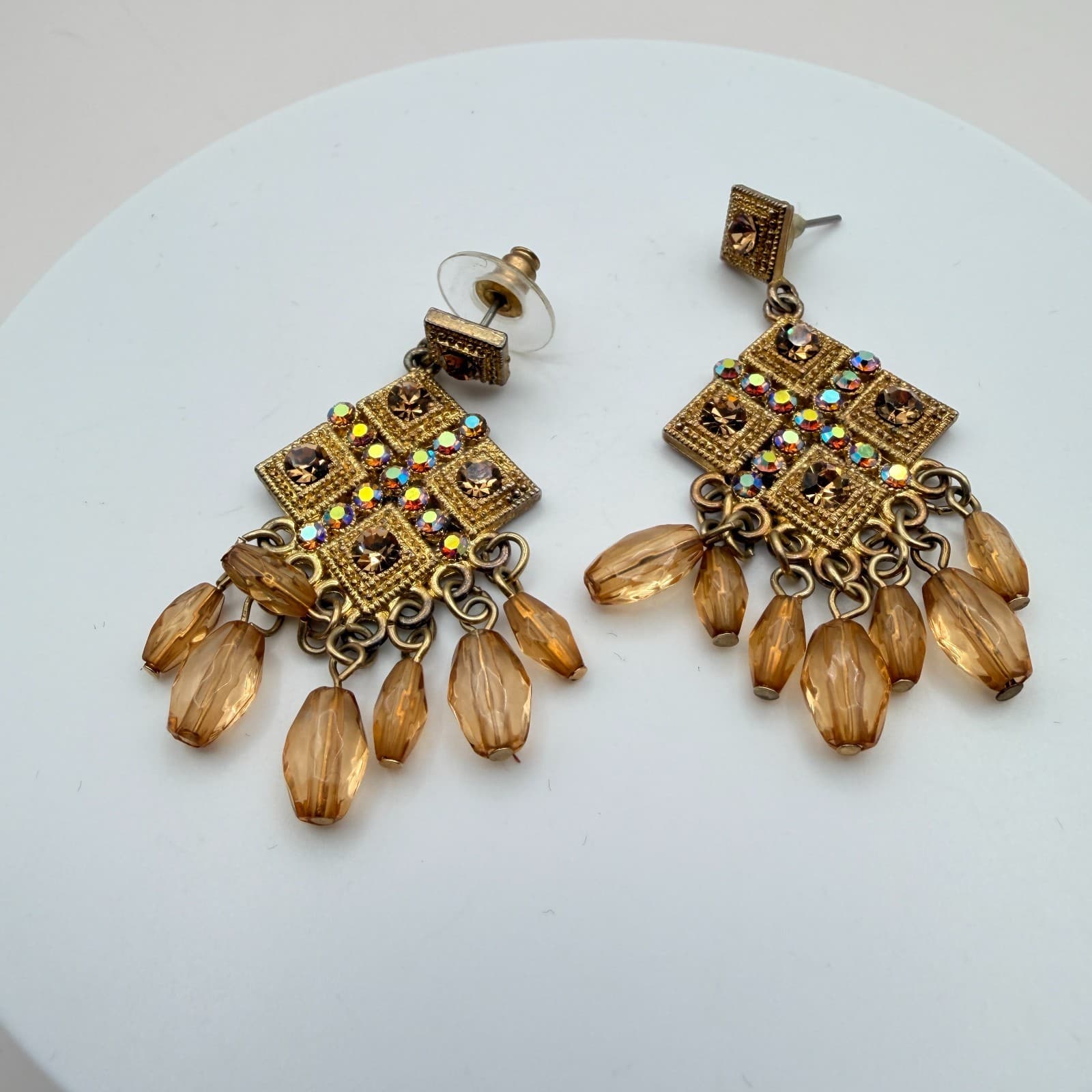 Vintage 90s Gold Tone Amber Glass Chandelier Earrings Boho Geometric Dangle - Thumbnail 5