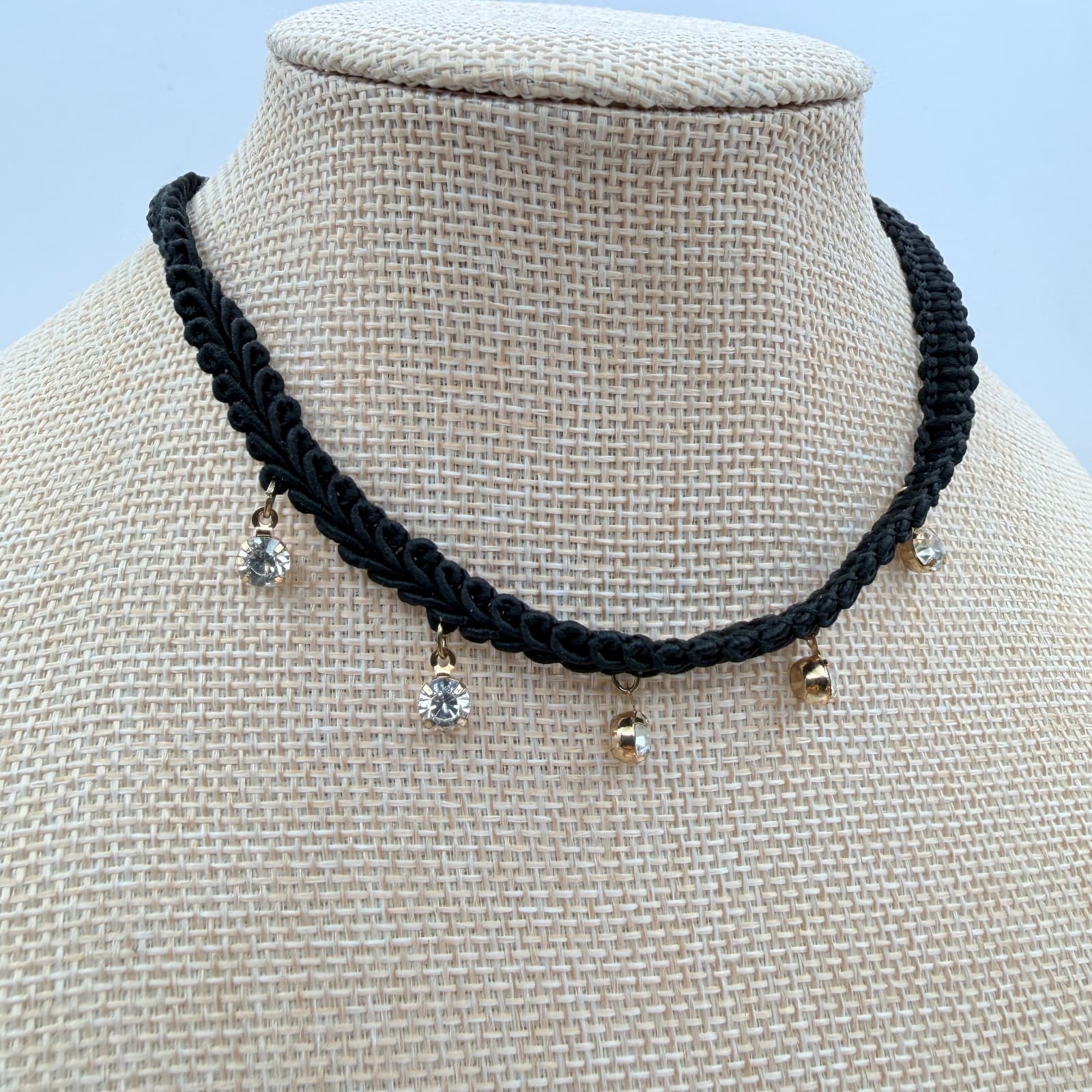Vintage 90s Black Braided Cord Choker Necklace Gold Tone Glass Charms Jewelry - Thumbnail 3