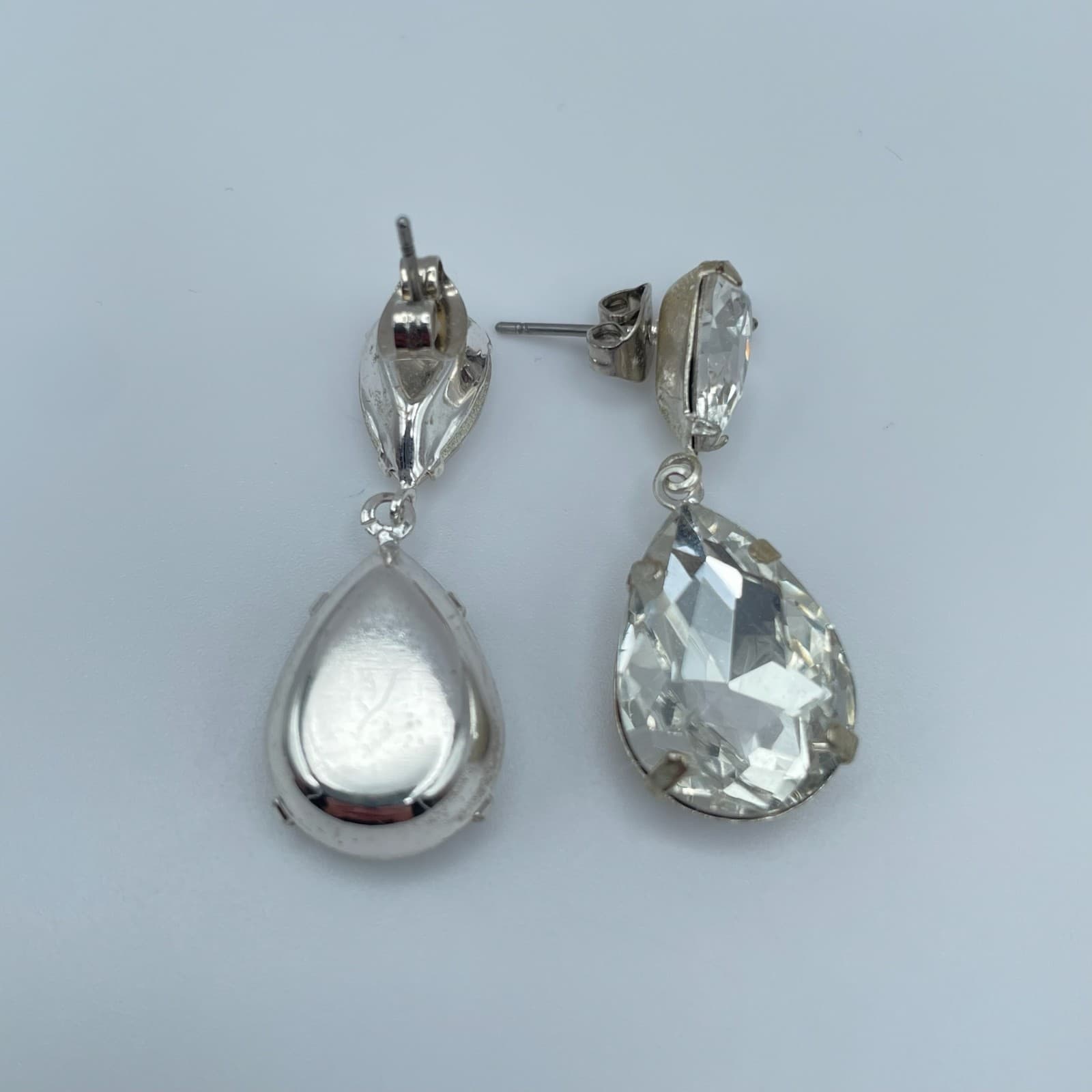 Vintage 90s Silver-Tone Clear Teardrop Dangle Earrings Post Back Jewelry - Thumbnail 8