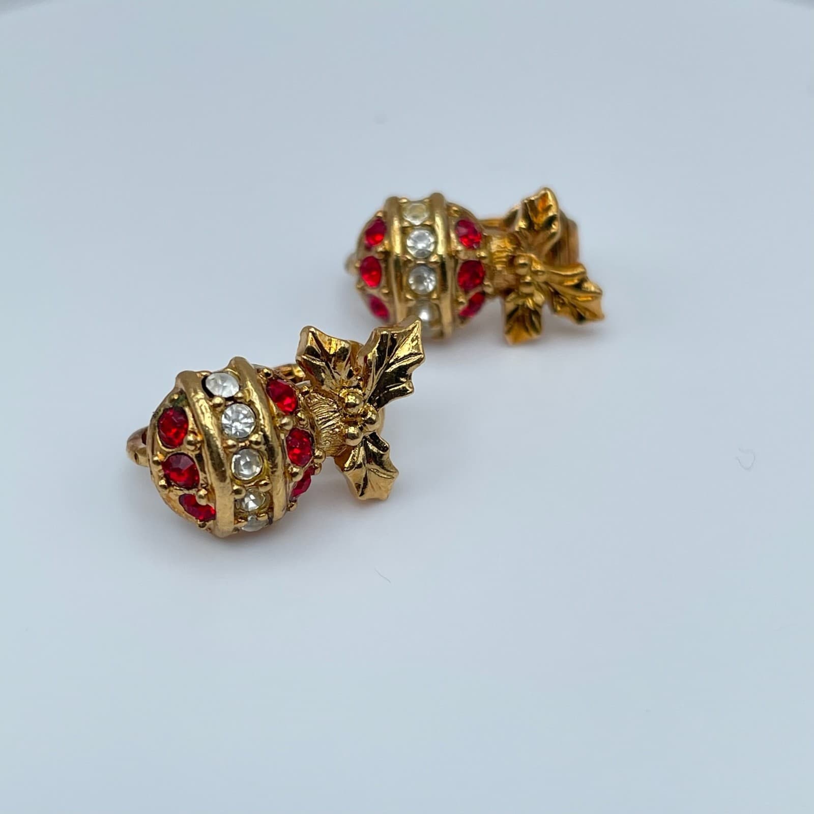 Vintage 90s Christmas Ornament Clip On Earrings Gold Tone Rhinestone Jewelry - Thumbnail 4
