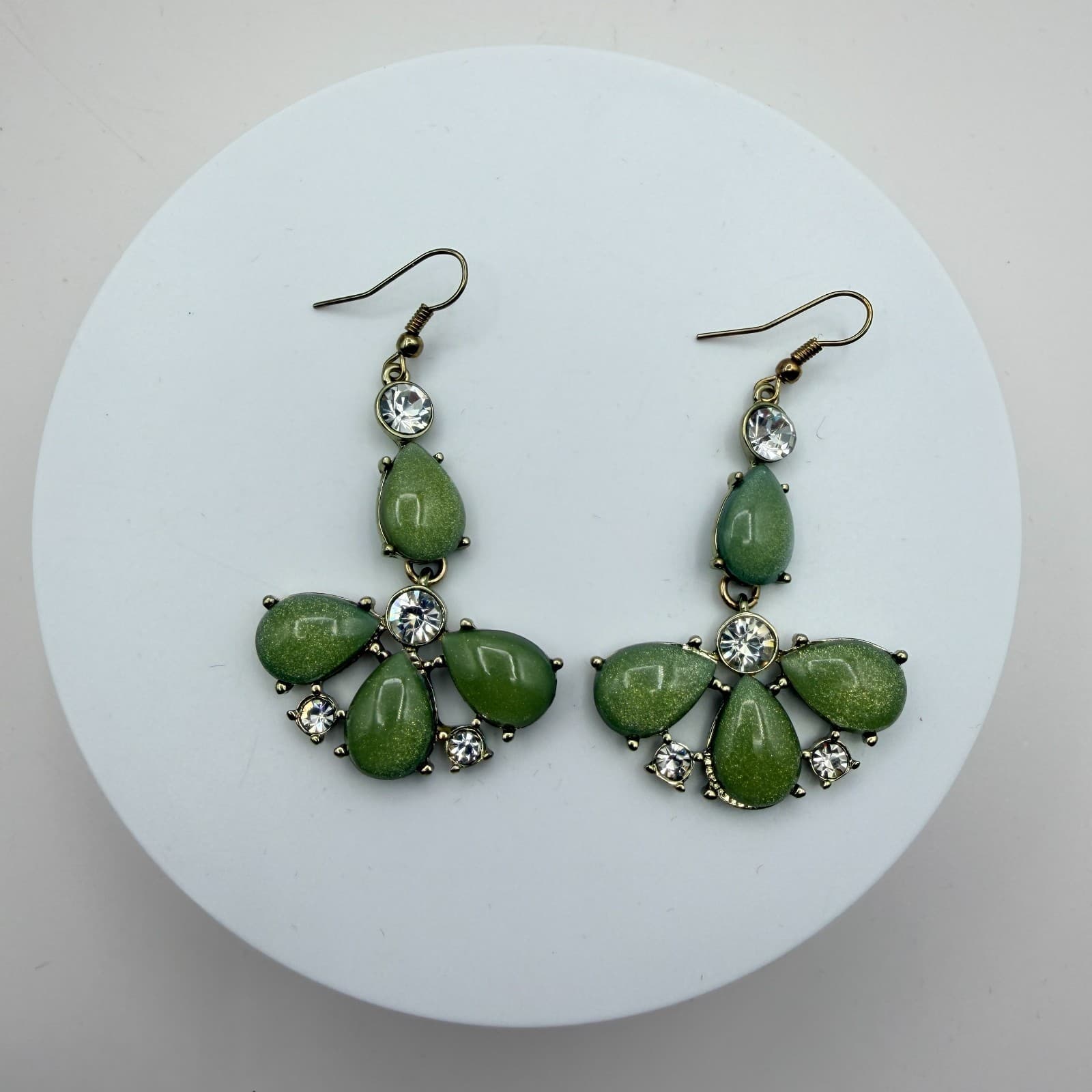 Vintage 90s Gold Tone Green Teardrop Dangle Earrings Women's Classic Jewelry - Thumbnail 5