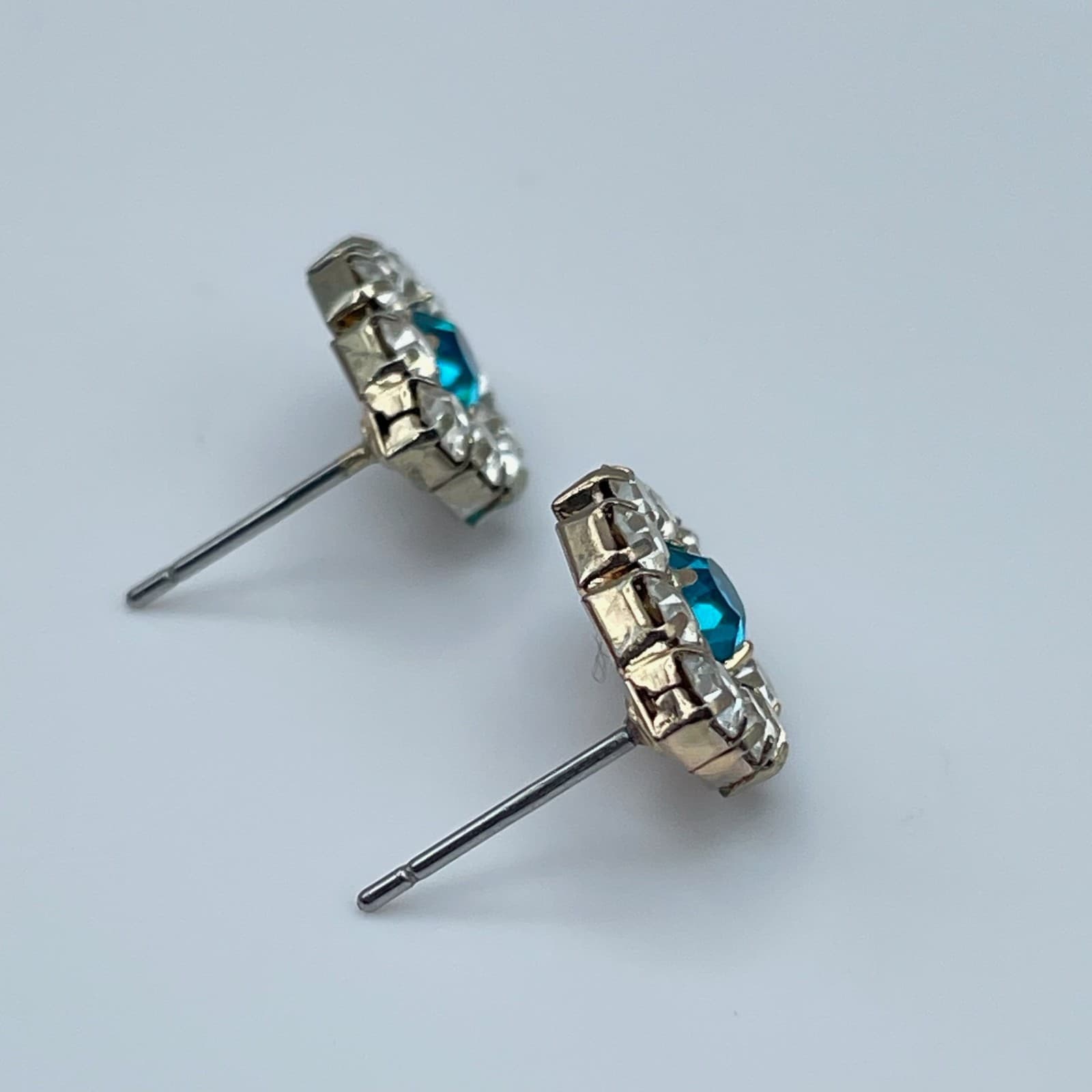 Vintage 80s Evil Eye Stud Earrings Blue Glass Rhinestone Silver Tone Fashion - Thumbnail 9