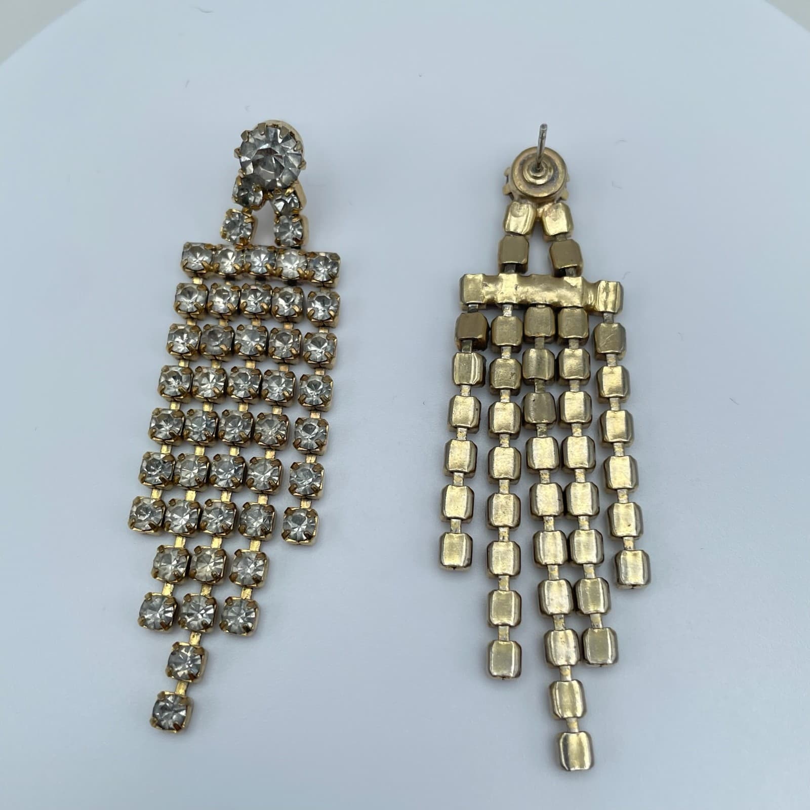 Vintage 80s Gold Tone Clear Rhinestone Dangle Fringe Earrings Statement Formal - Thumbnail 3