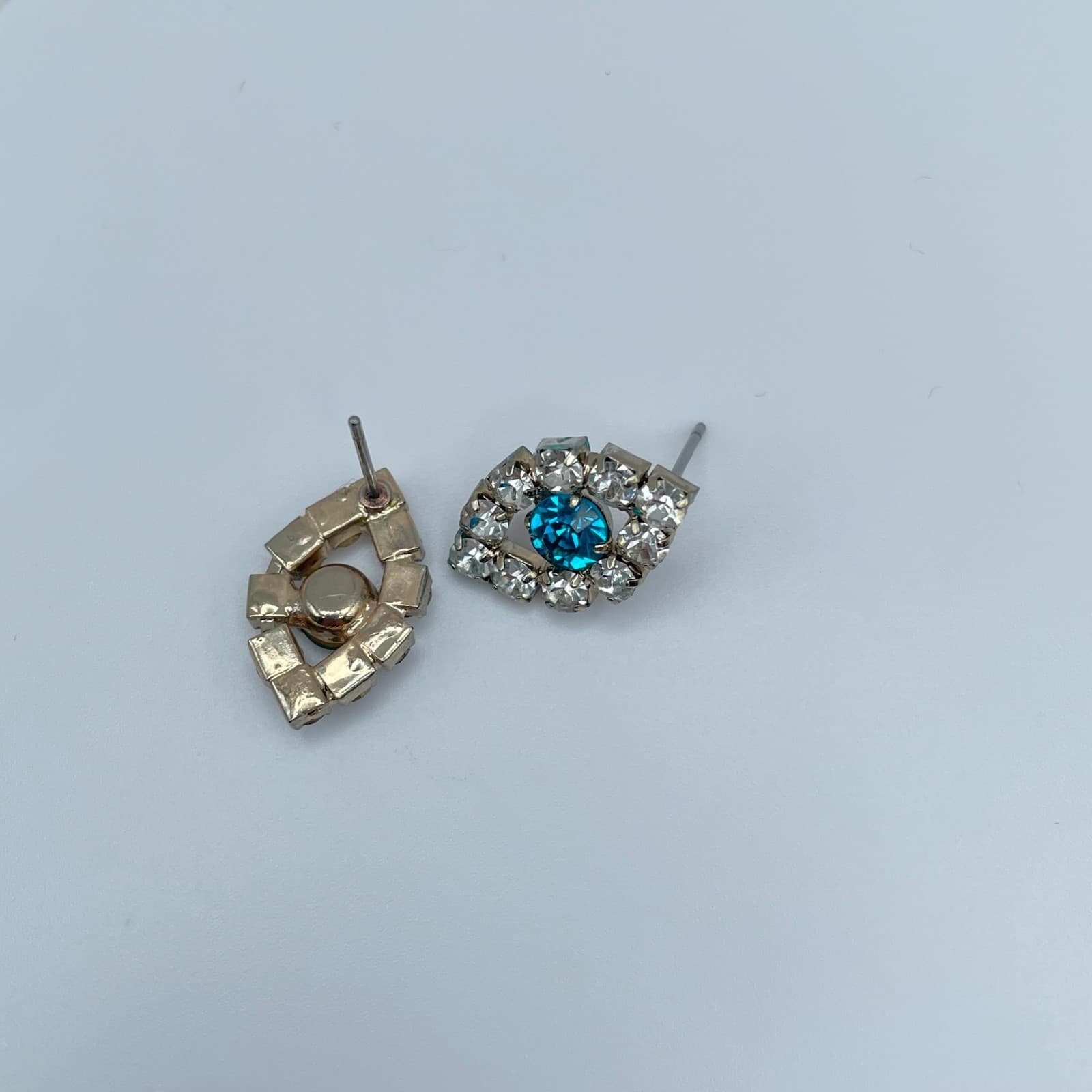 Vintage 80s Evil Eye Stud Earrings Blue Glass Rhinestone Silver Tone Fashion - Thumbnail 2