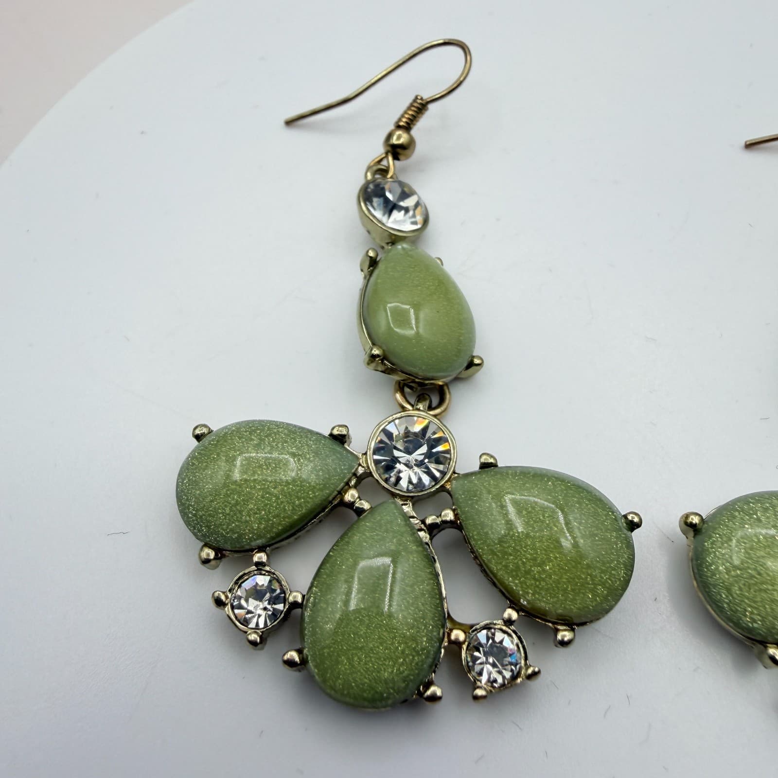 Vintage 90s Gold Tone Green Teardrop Dangle Earrings Women's Classic Jewelry - Thumbnail 3