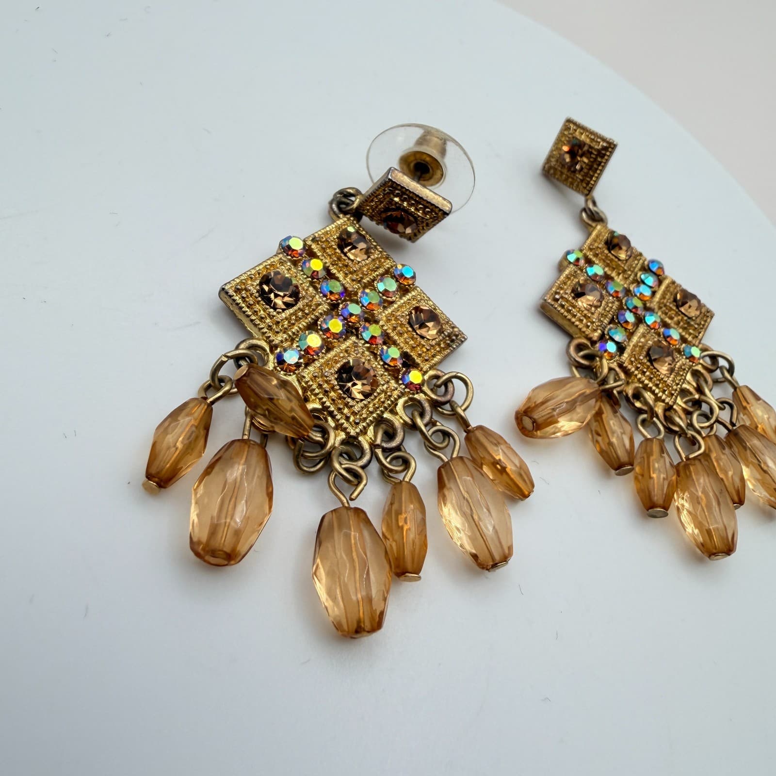 Vintage 90s Gold Tone Amber Glass Chandelier Earrings Boho Geometric Dangle - Thumbnail 4