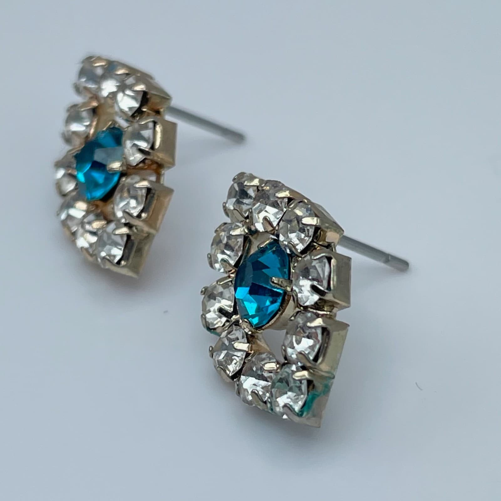 Vintage 80s Evil Eye Stud Earrings Blue Glass Rhinestone Silver Tone Fashion - Thumbnail 6