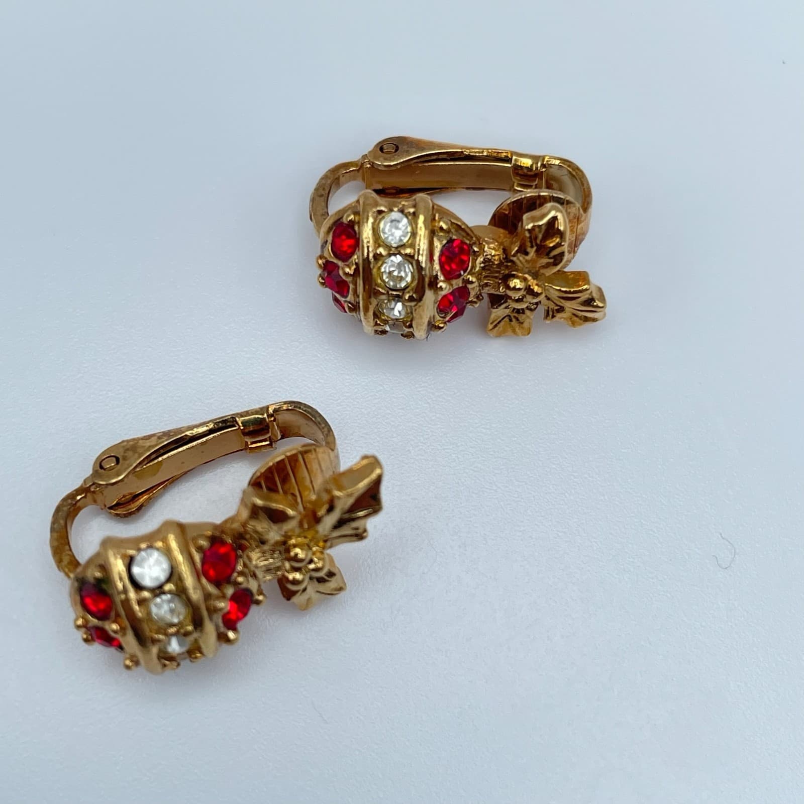 Vintage 90s Christmas Ornament Clip On Earrings Gold Tone Rhinestone Jewelry - Image 1