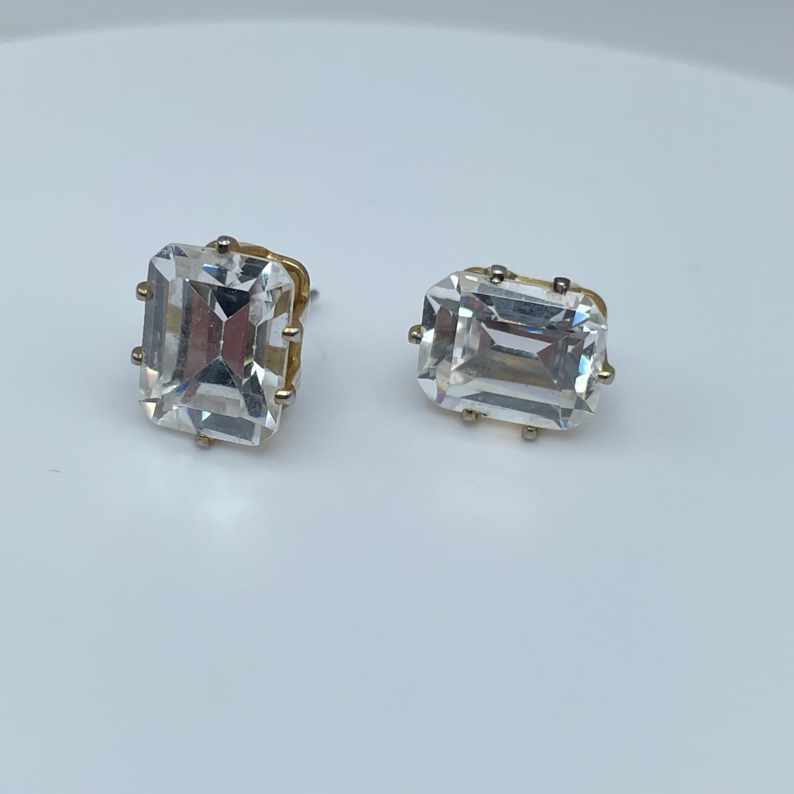 Vintage 90s Gold Plated Escher Cut CZ Stud Earrings Diamond Simulation Jewelry - Image 1