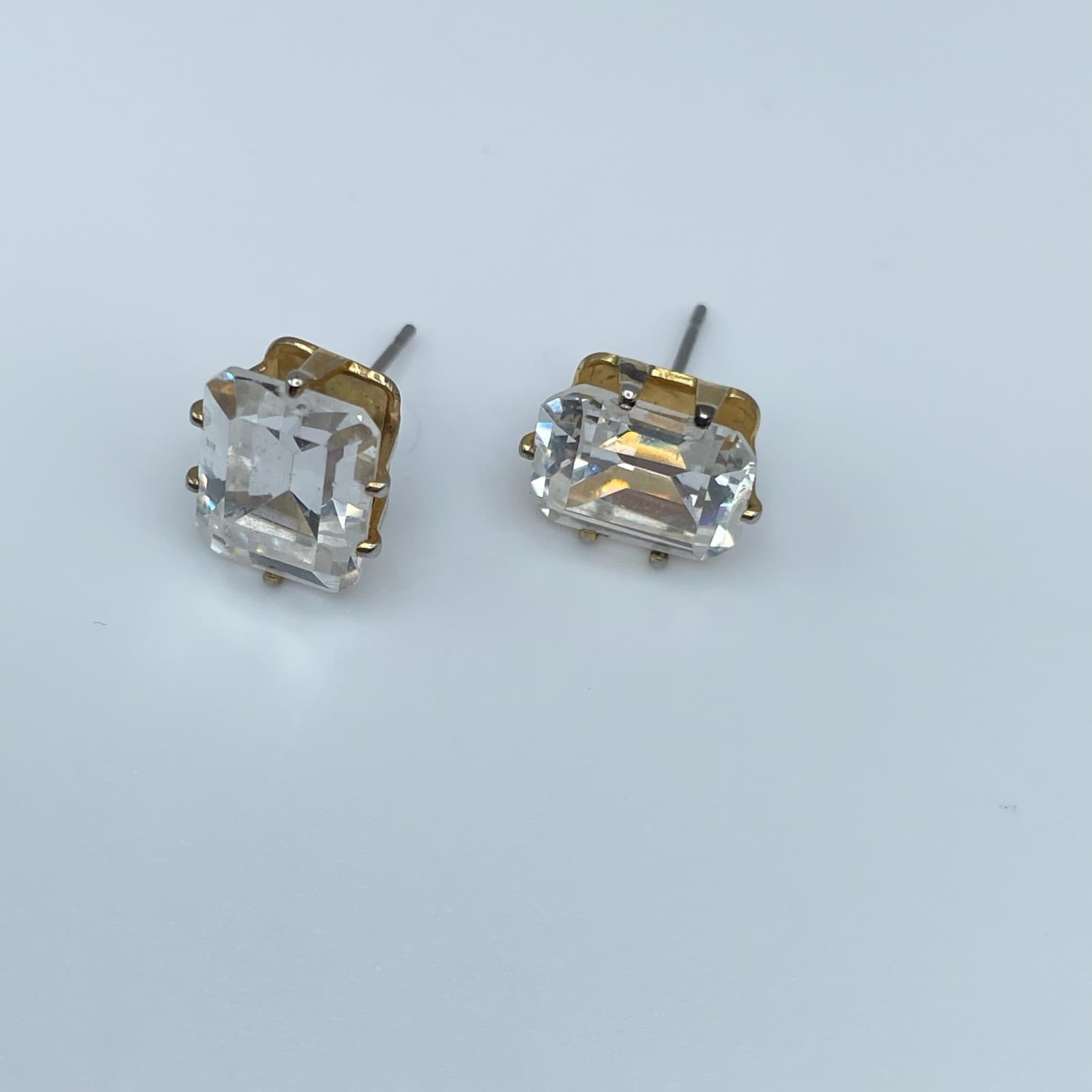 Vintage 90s Gold Plated Escher Cut CZ Stud Earrings Diamond Simulation Jewelry - Thumbnail 9