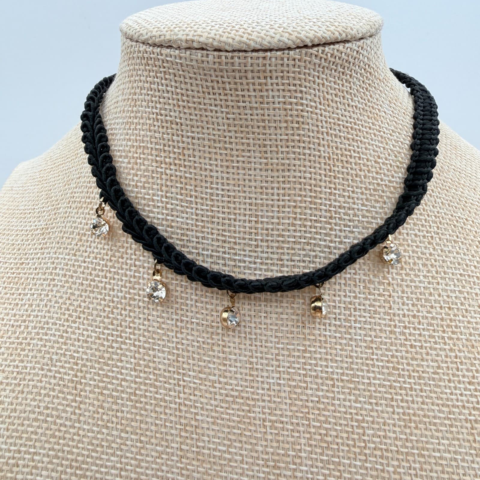 Vintage 90s Black Braided Cord Choker Necklace Gold Tone Glass Charms Jewelry - Image 1