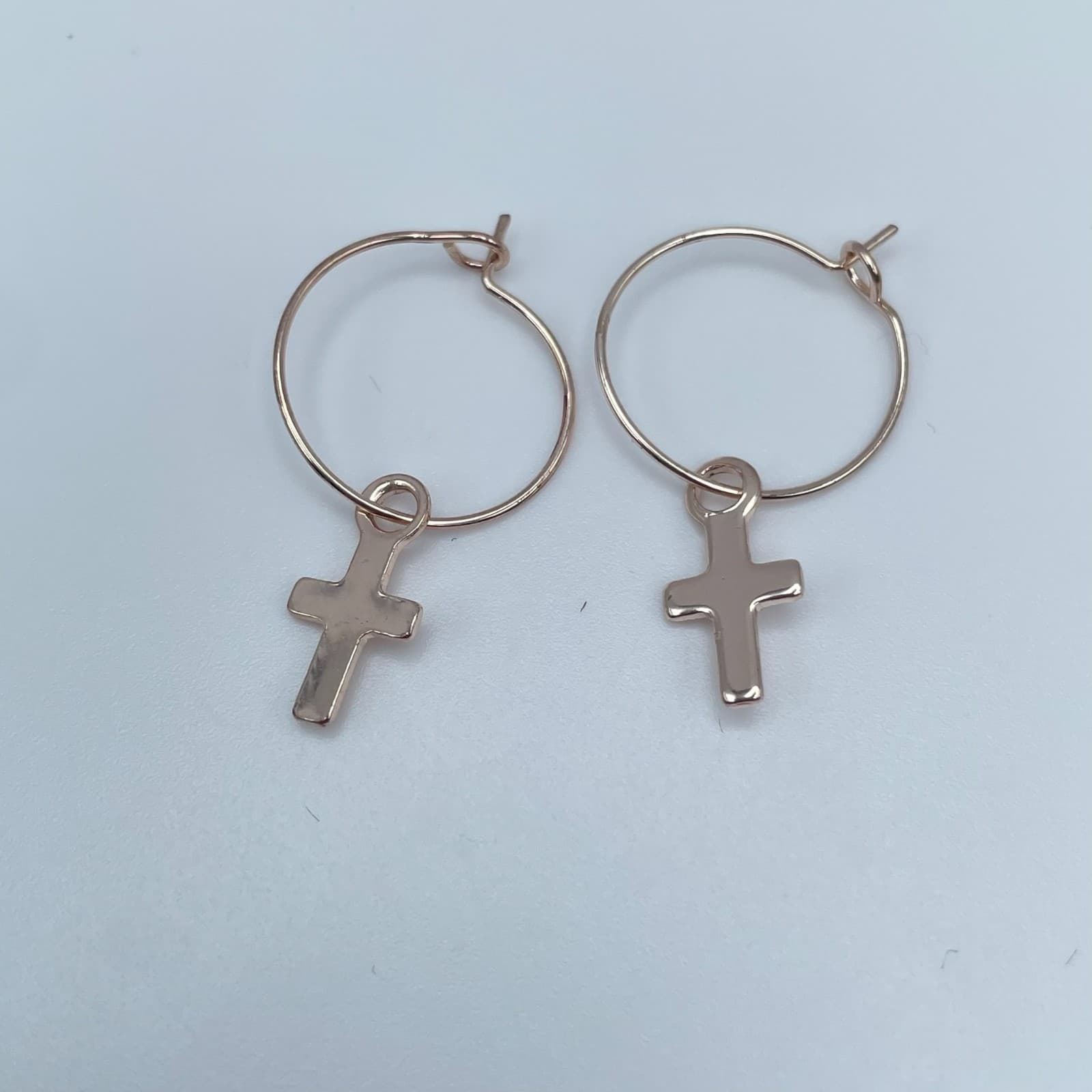 Vintage 90s Rose Gold Tone Cross Charm Hoop Earrings Minimalist Religious Boho - Image 1