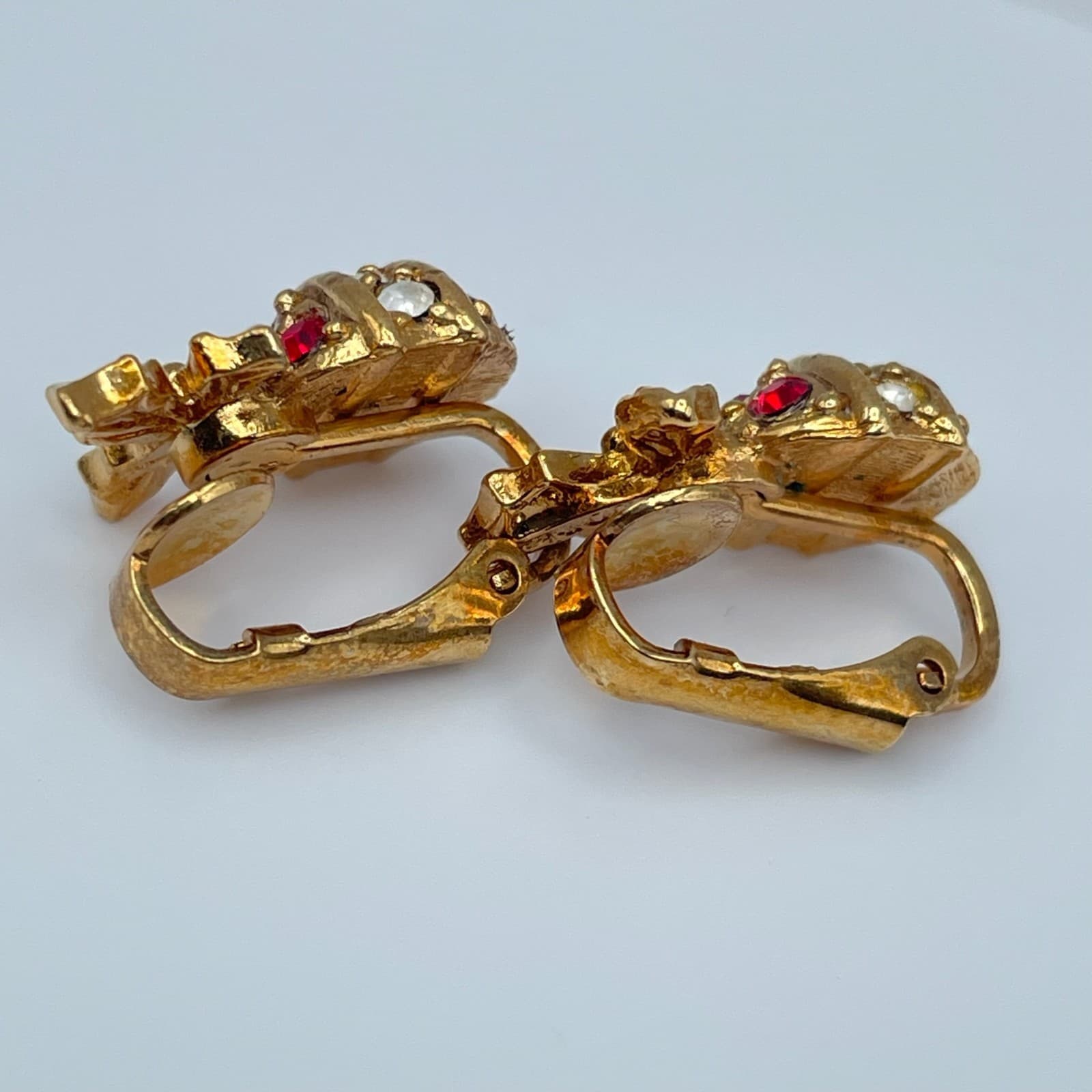 Vintage 90s Christmas Ornament Clip On Earrings Gold Tone Rhinestone Jewelry - Thumbnail 10