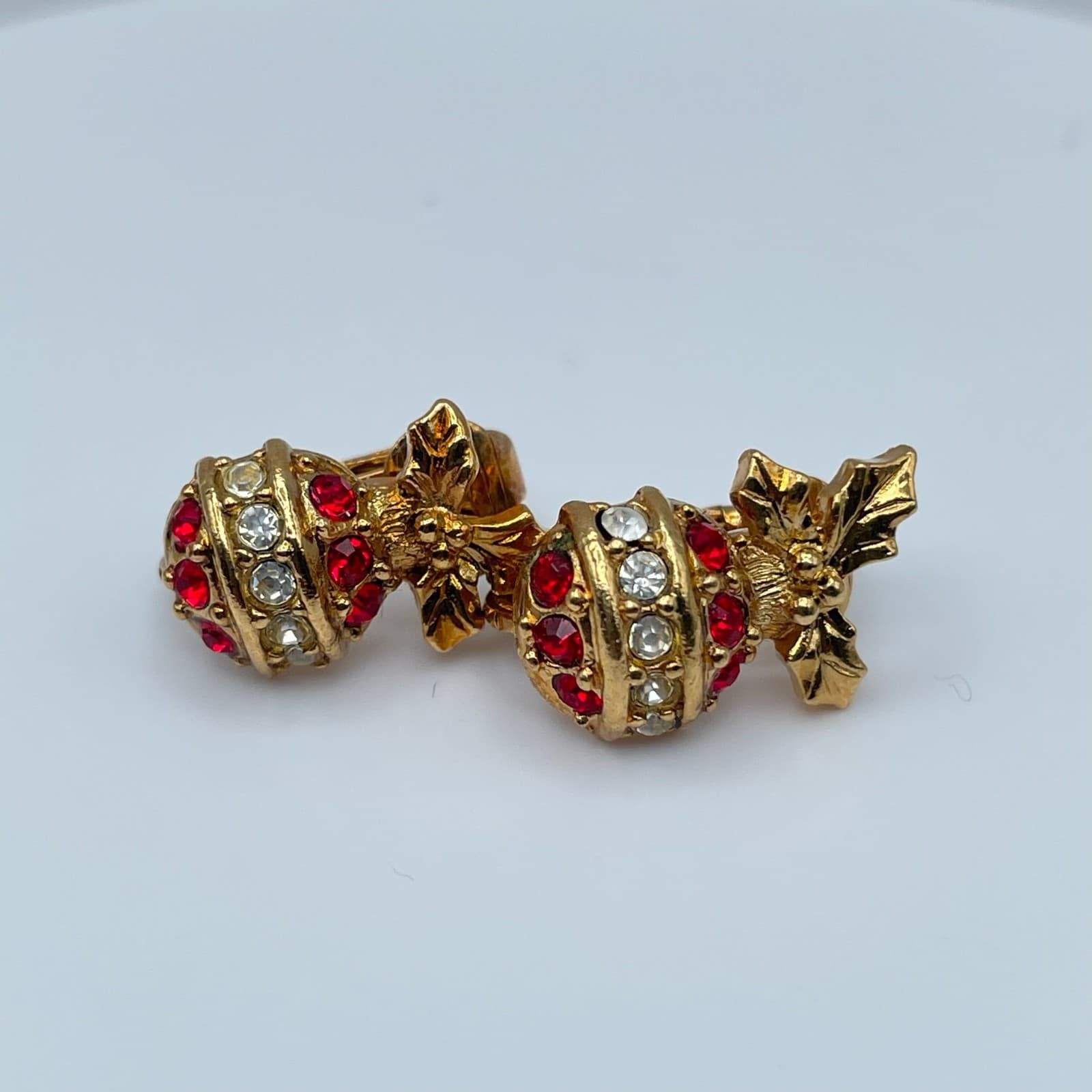 Vintage 90s Christmas Ornament Clip On Earrings Gold Tone Rhinestone Jewelry - Thumbnail 2