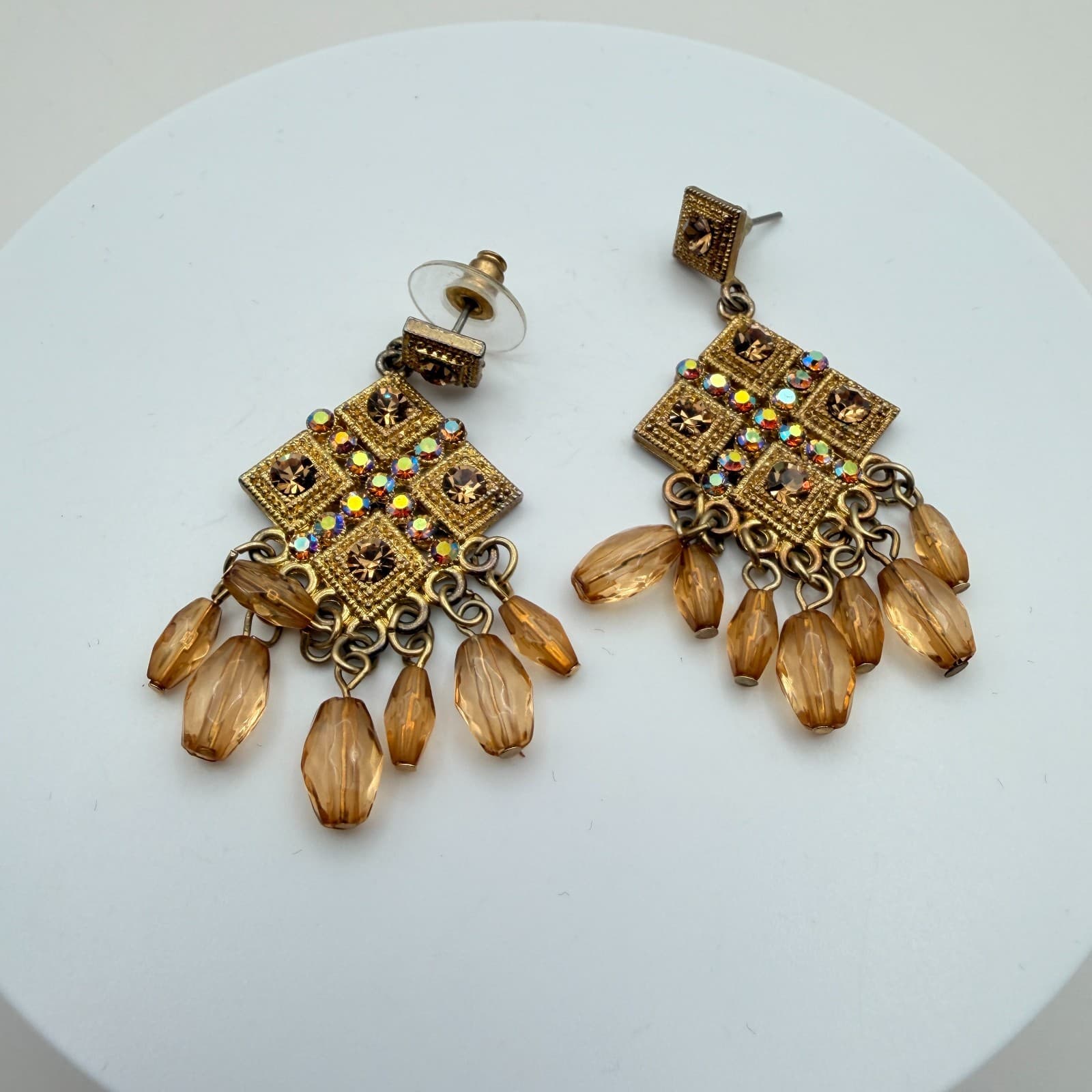 Vintage 90s Gold Tone Amber Glass Chandelier Earrings Boho Geometric Dangle - Image 1