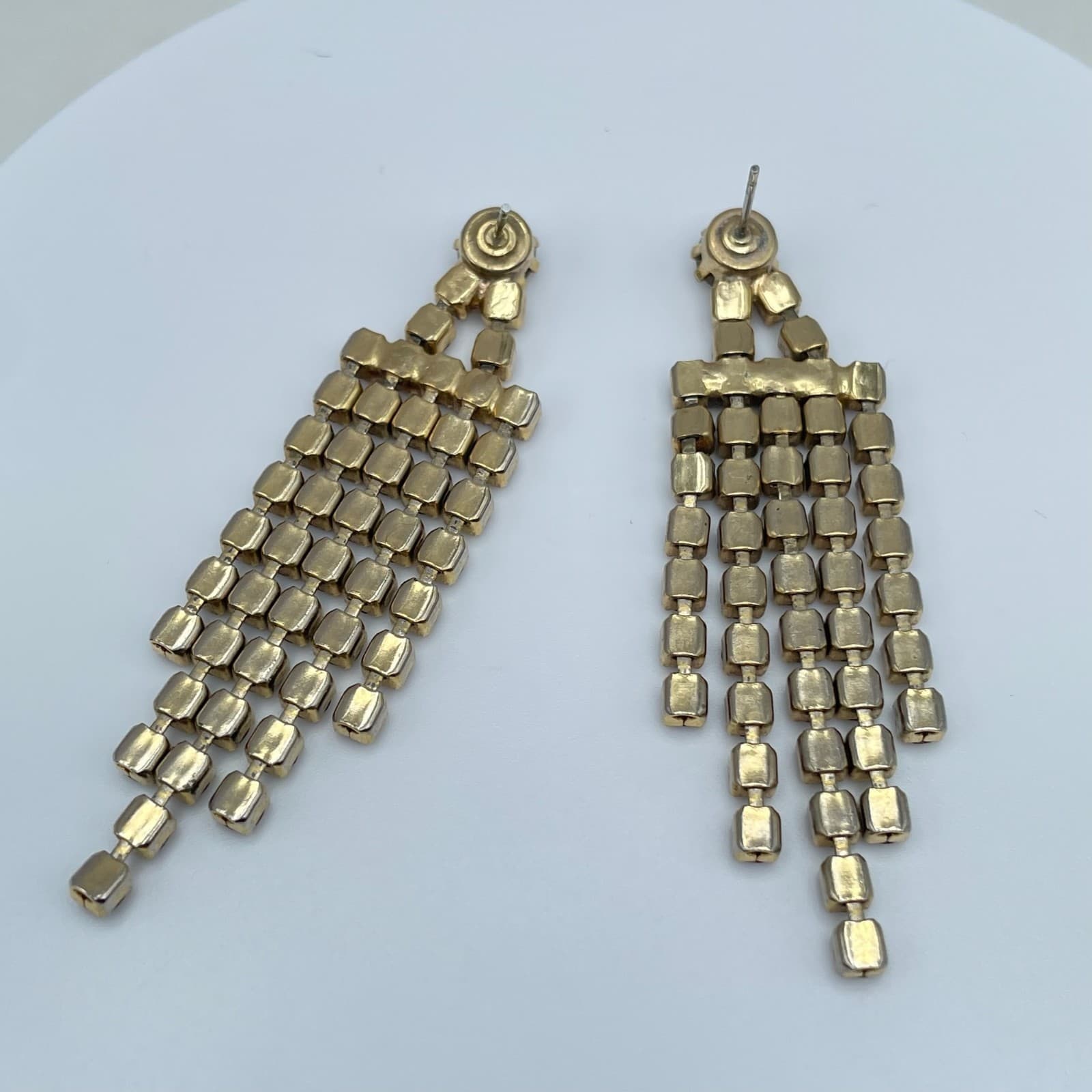 Vintage 80s Gold Tone Clear Rhinestone Dangle Fringe Earrings Statement Formal - Thumbnail 2