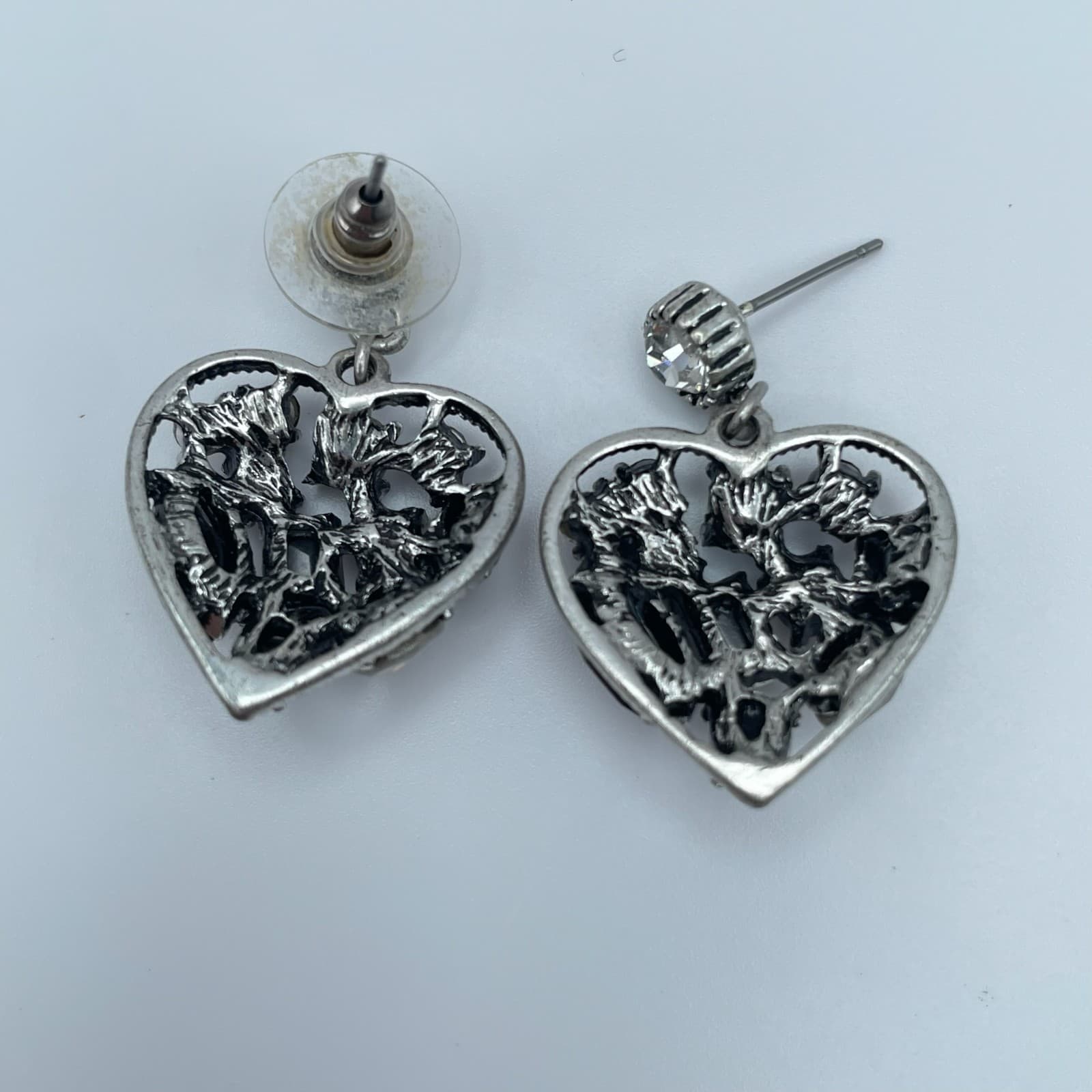 Vintage 90s Silver Tone Aurora Borealis Glass Stone Heart Drop Stud Earrings - Thumbnail 4