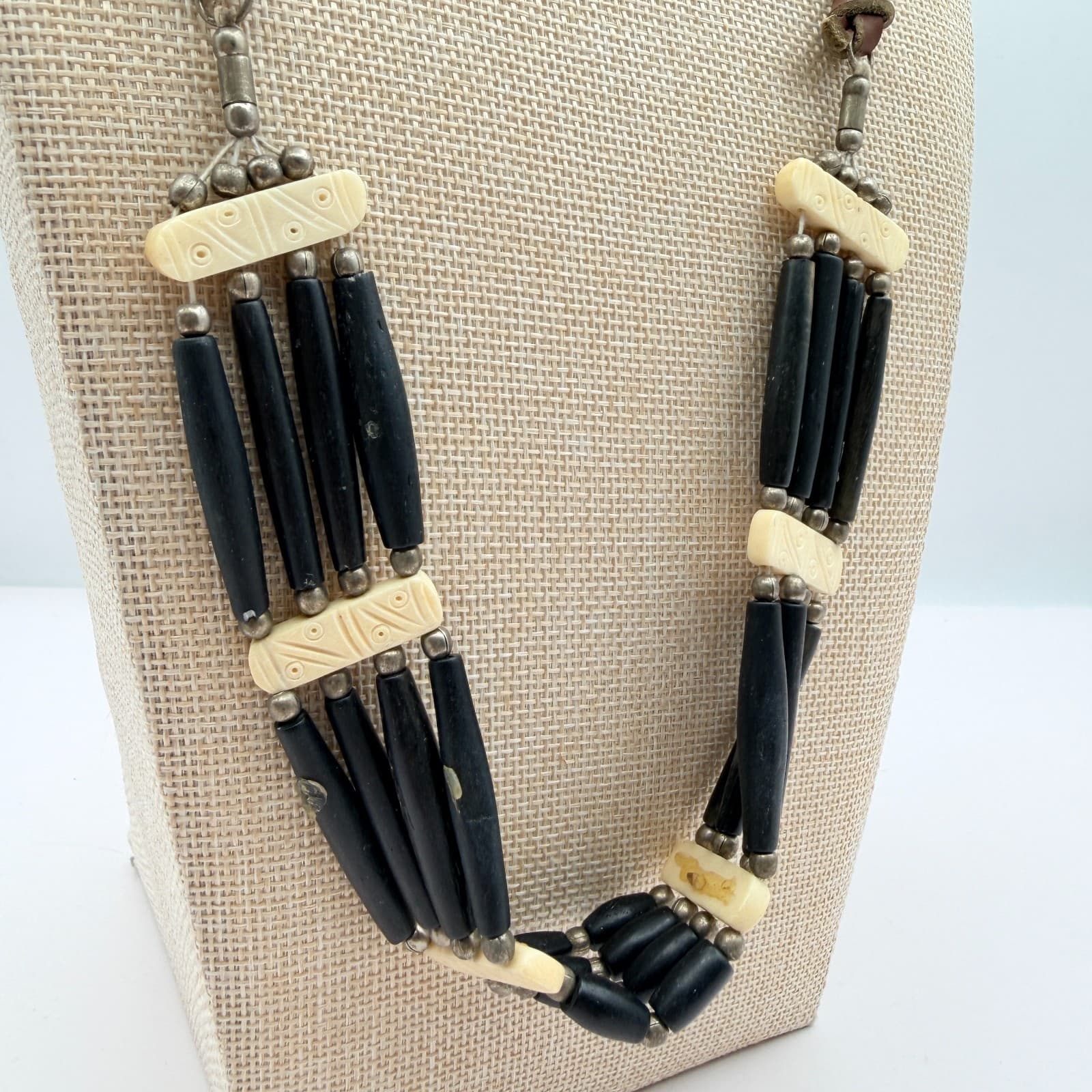 Vintage 90s Tribal Statement Necklace Wood Glass Beads Leather Cord Boho Jewelry - Thumbnail 5