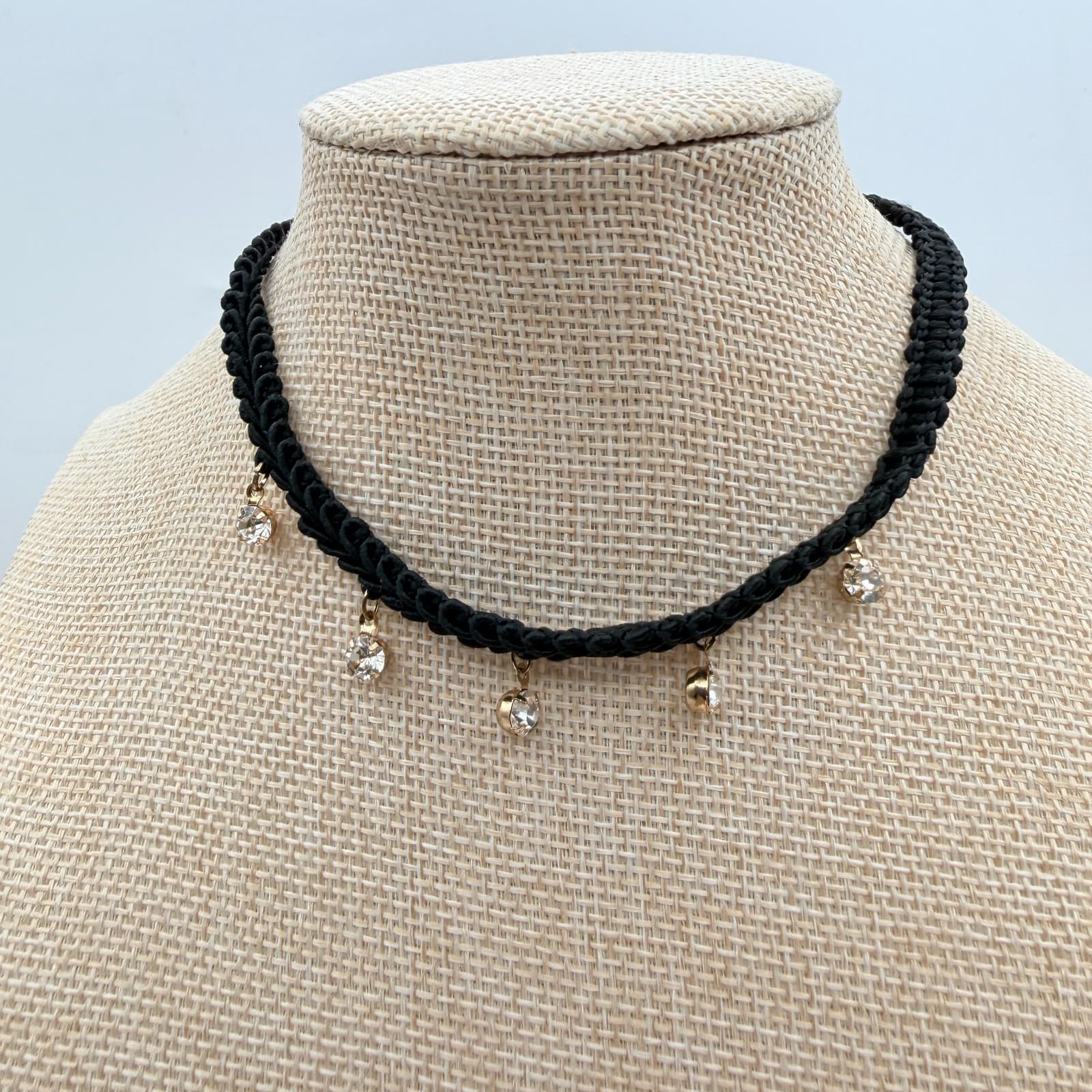 Vintage 90s Black Braided Cord Choker Necklace Gold Tone Glass Charms Jewelry - Thumbnail 6